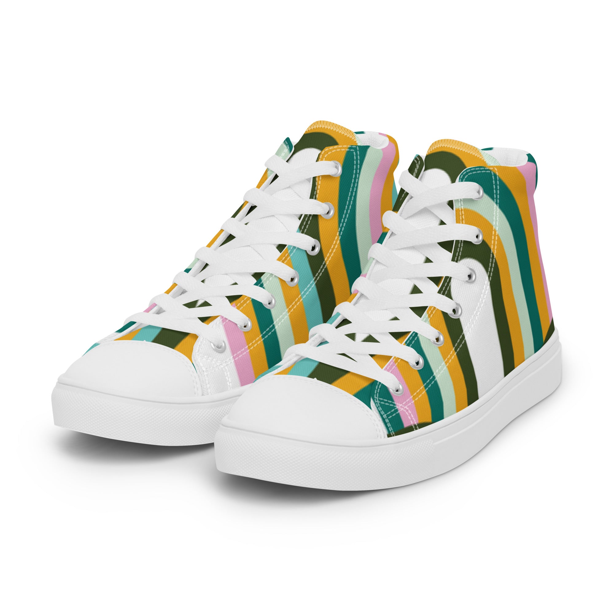 Women’s High-Top Sneakers – Retro Stripes Print, Colorful Canvas Shoes