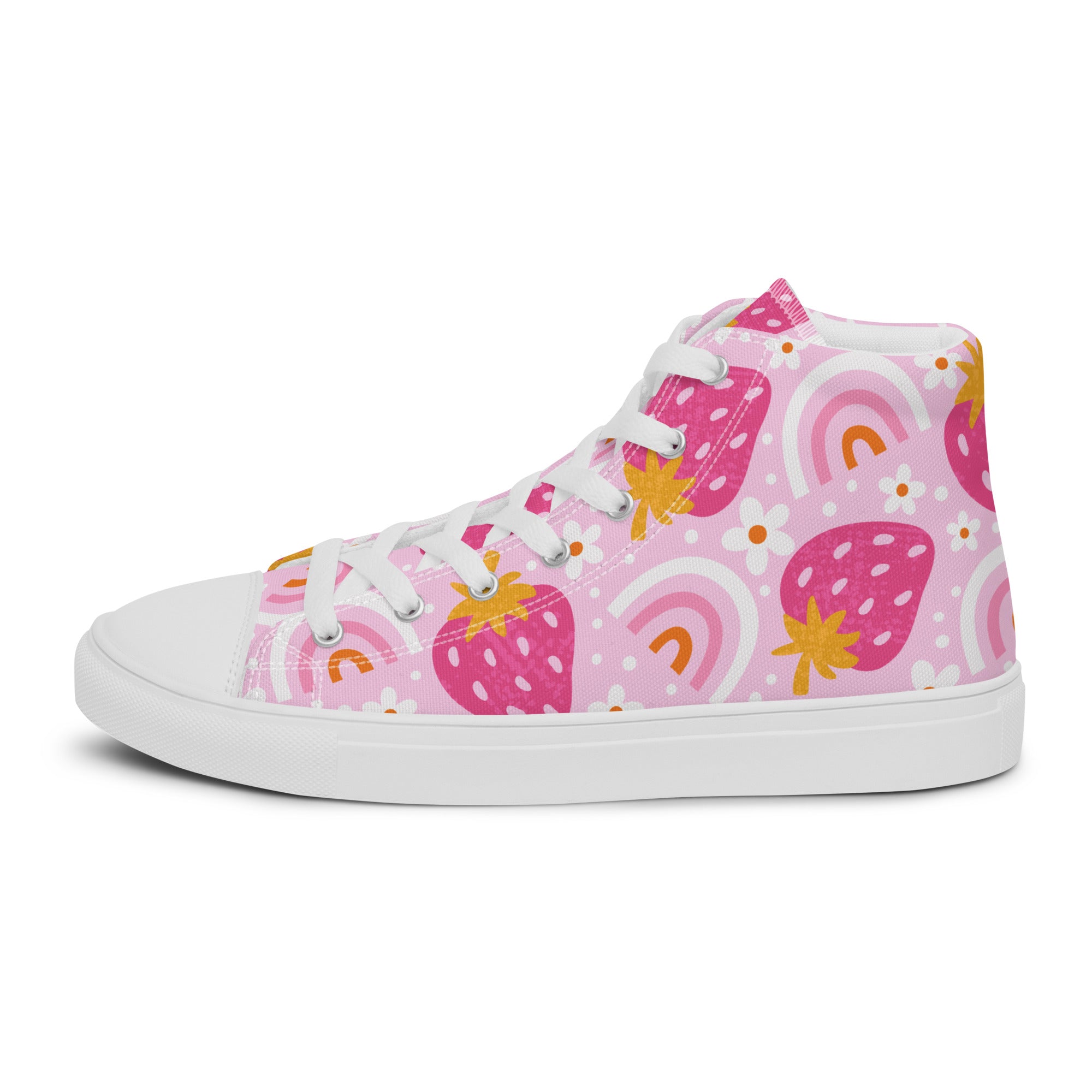 Women’s High-Top Sneakers – Strawberry and Rainbow Print, Casual Canvas Shoes