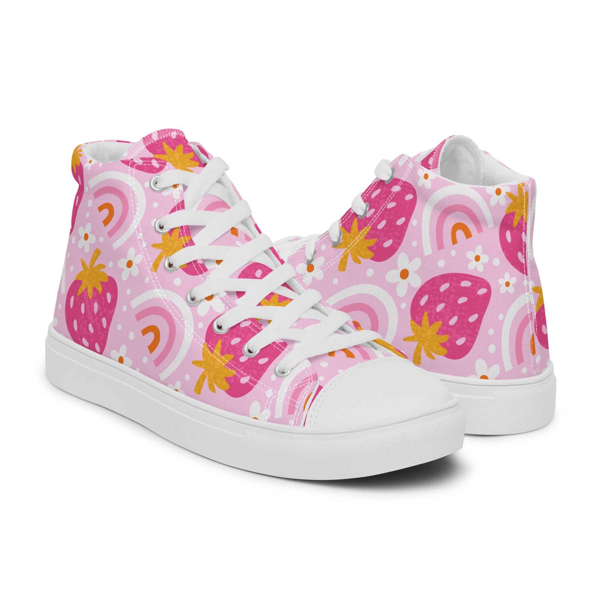 Women’s High-Top Sneakers – Strawberry and Rainbow Print, Casual Canvas Shoes