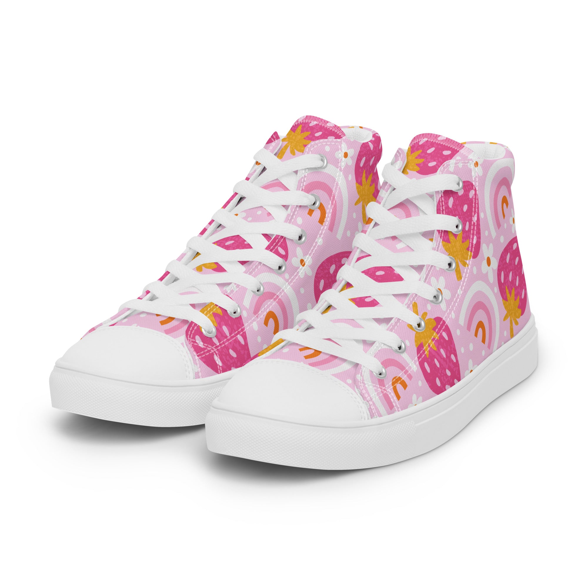 Women’s High-Top Sneakers – Strawberry and Rainbow Print, Casual Canvas Shoes