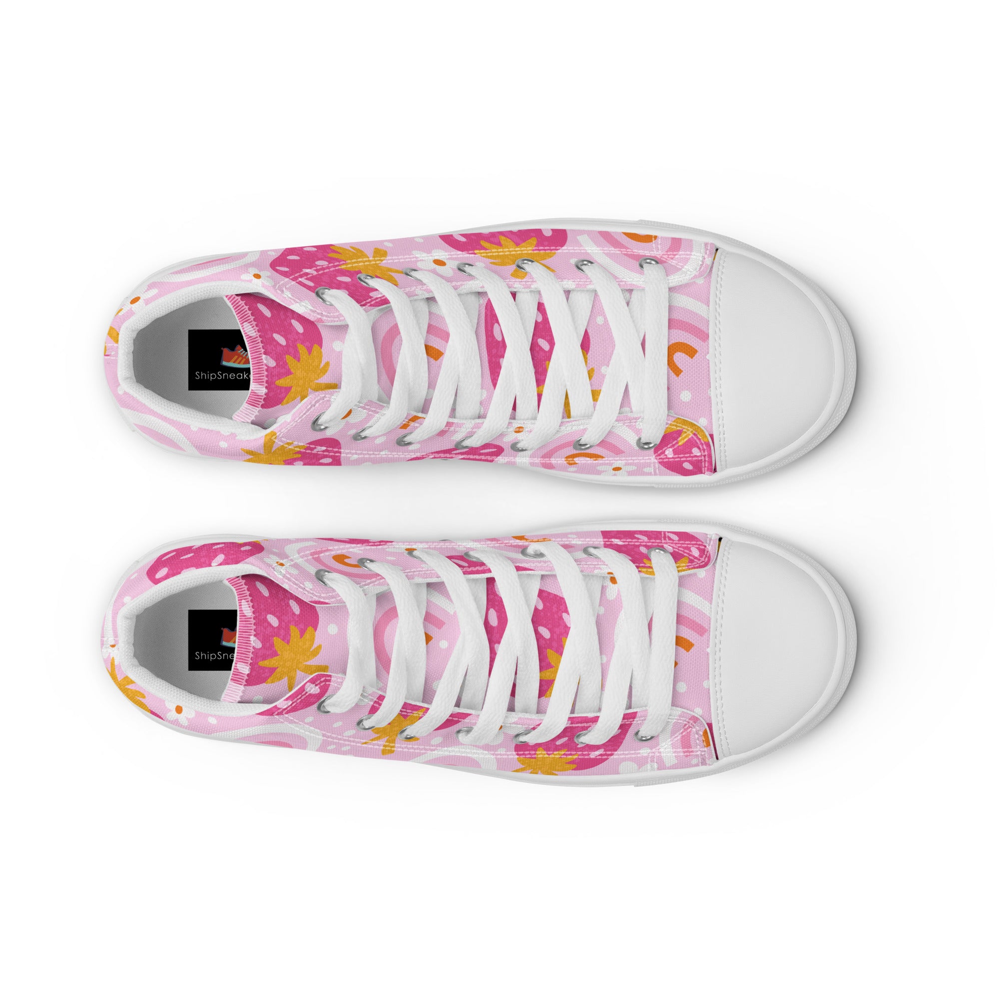 Women’s High-Top Sneakers – Strawberry and Rainbow Print, Casual Canvas Shoes