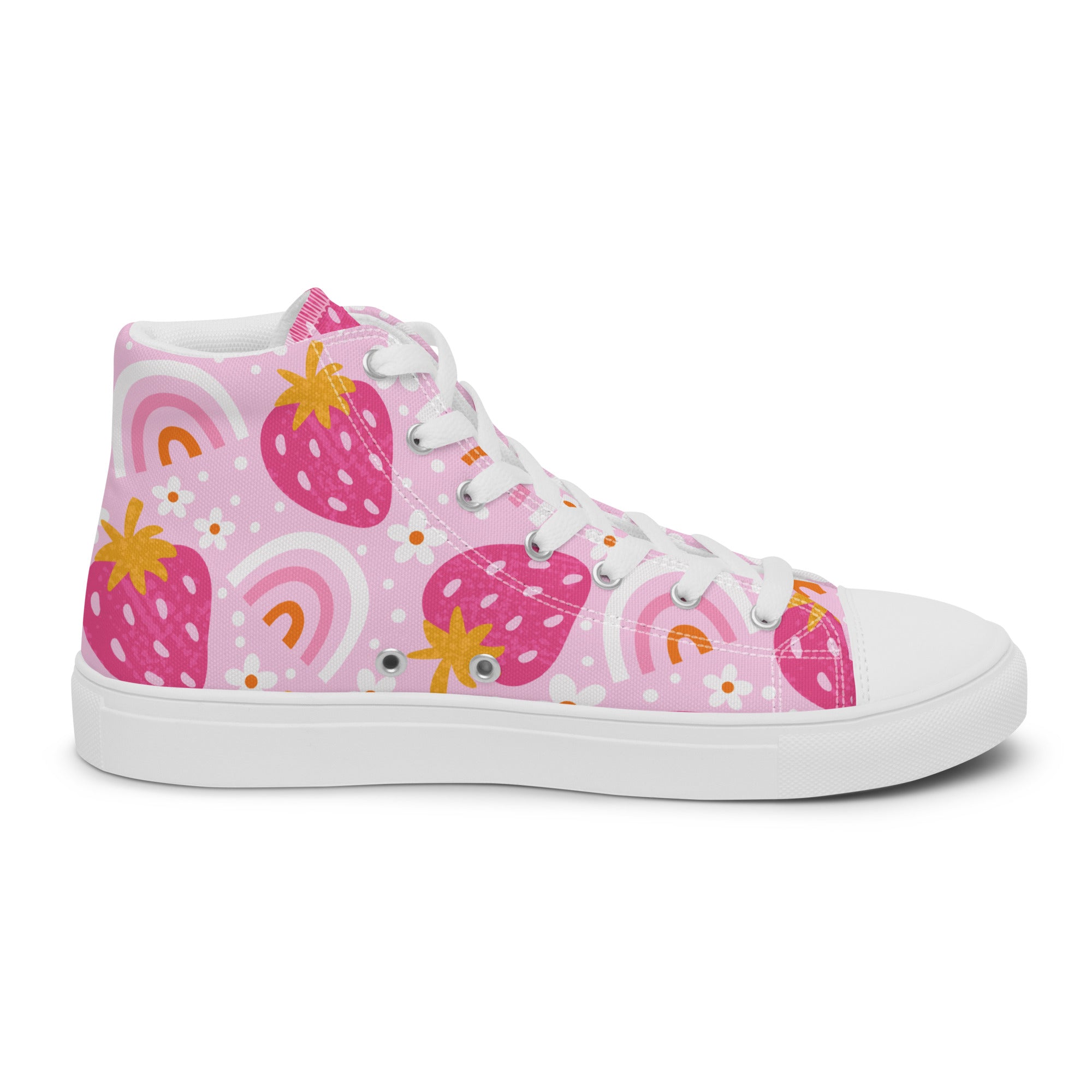 Women’s High-Top Sneakers – Strawberry and Rainbow Print, Casual Canvas Shoes