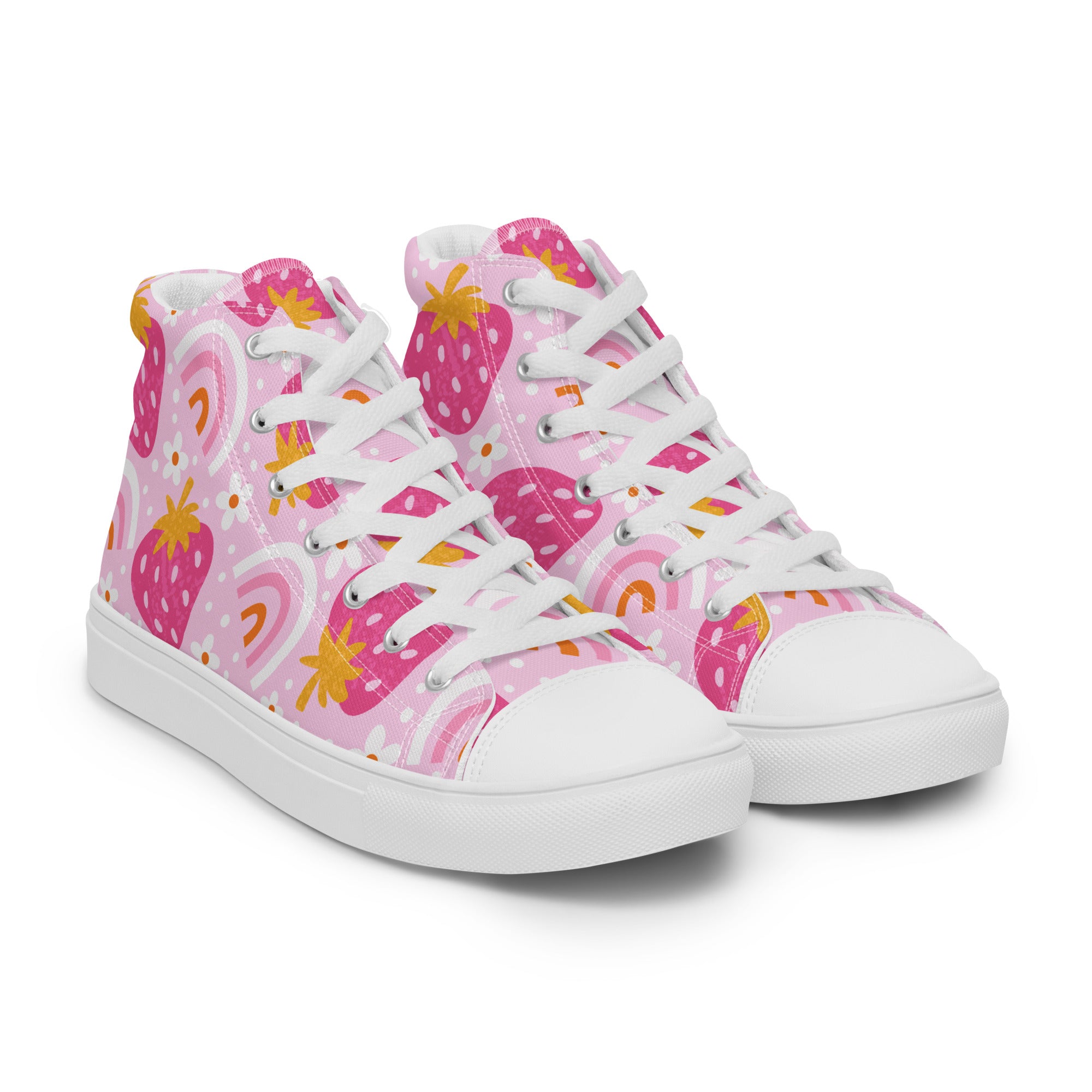 Women’s High-Top Sneakers – Strawberry and Rainbow Print, Casual Canvas Shoes