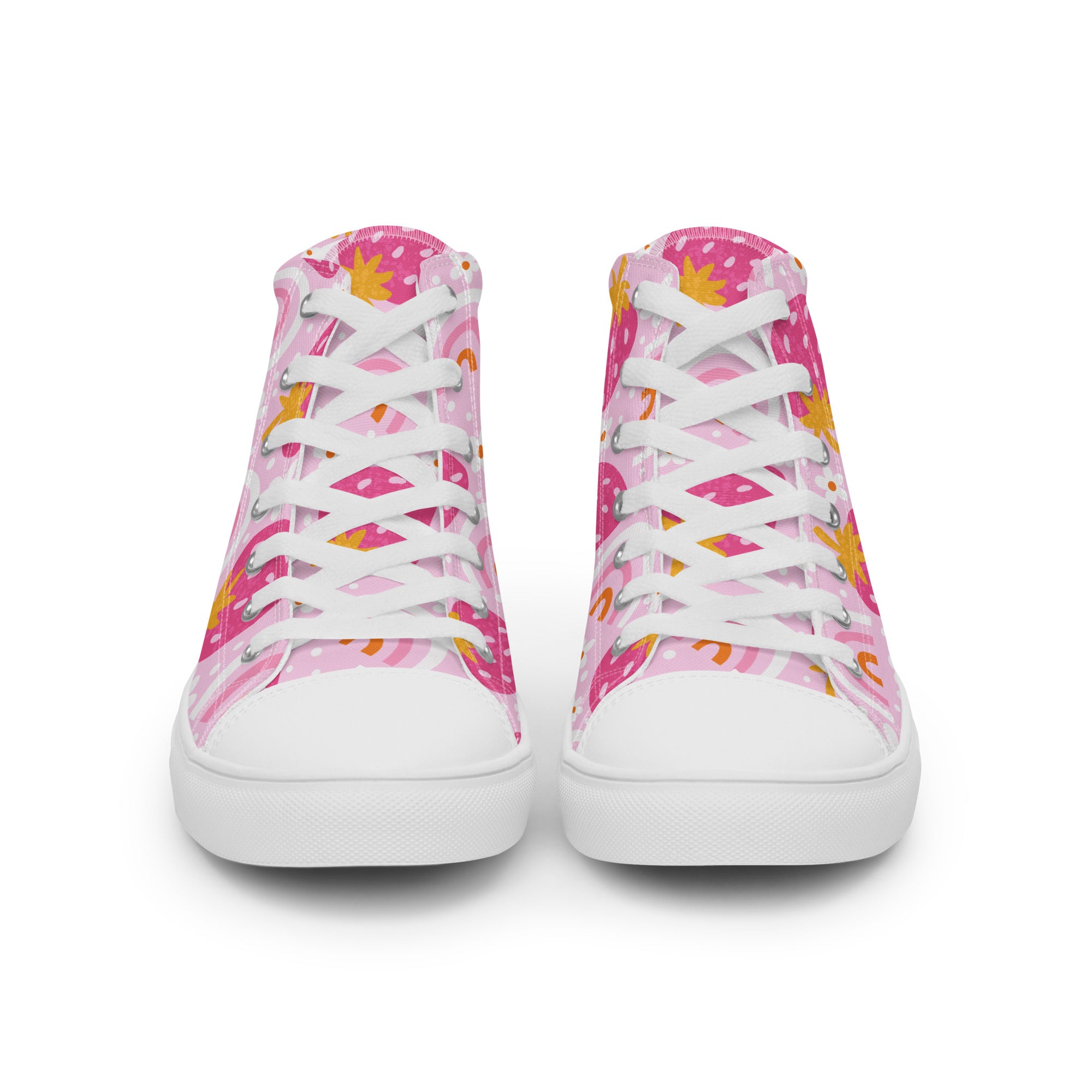 Women’s High-Top Sneakers – Strawberry and Rainbow Print, Casual Canvas Shoes