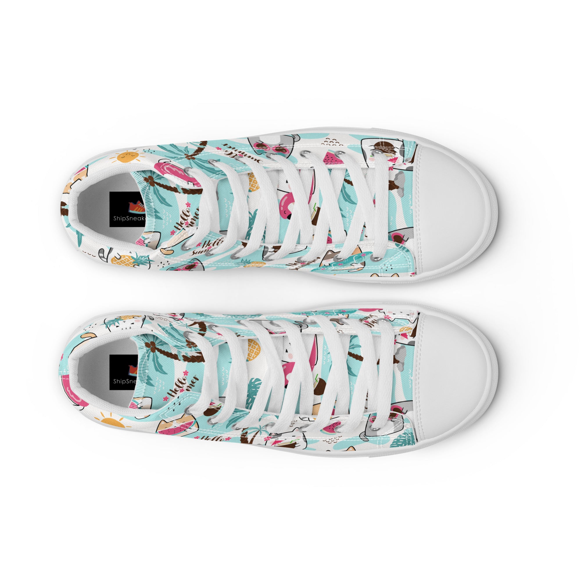 Women’s High-Top Sneakers – Summer Cat & Tropical Print, Fun Canvas Shoes