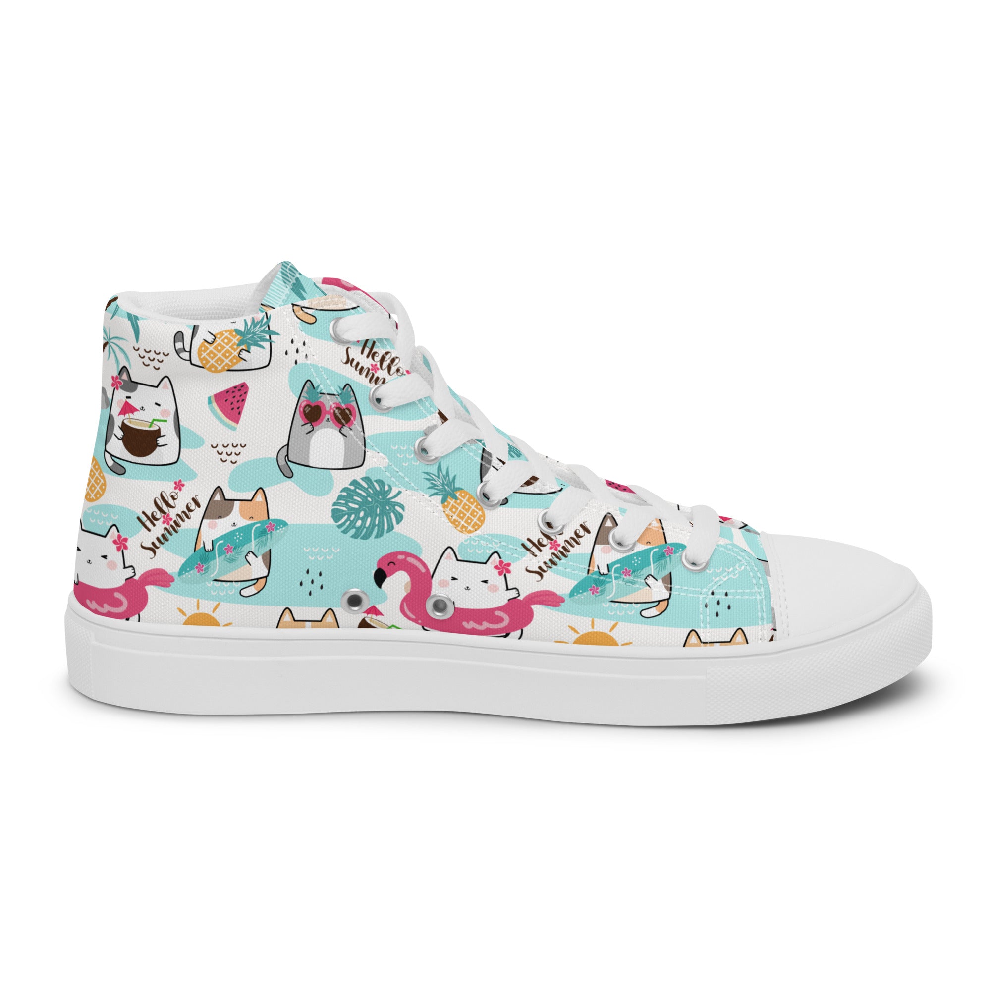 Women’s High-Top Sneakers – Summer Cat & Tropical Print, Fun Canvas Shoes