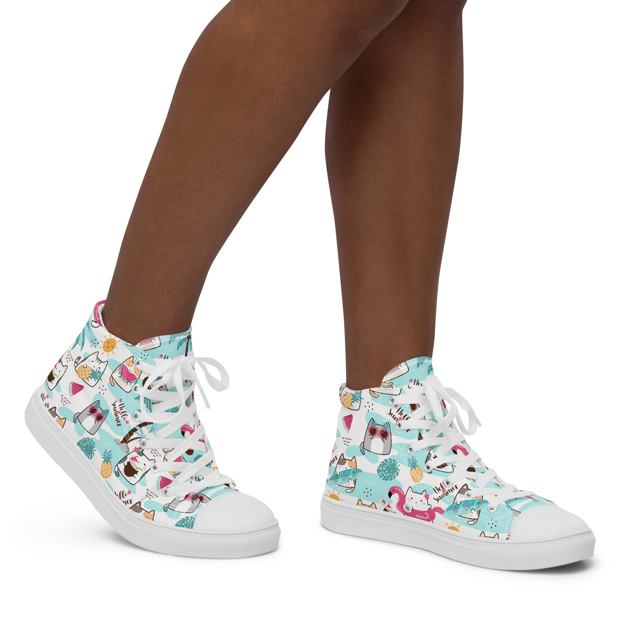 Women’s High-Top Sneakers – Summer Cat & Tropical Print, Fun Canvas Shoes