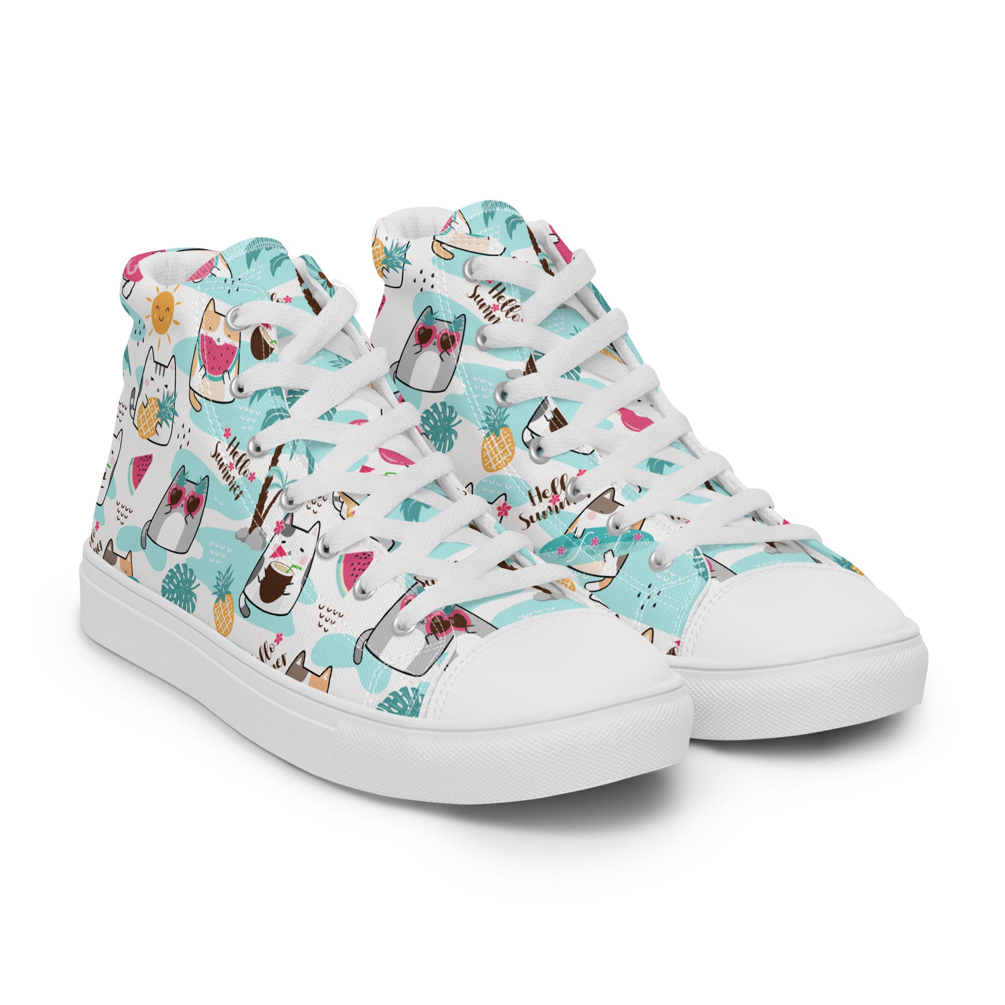 Women’s High-Top Sneakers – Summer Cat & Tropical Print, Fun Canvas Shoes