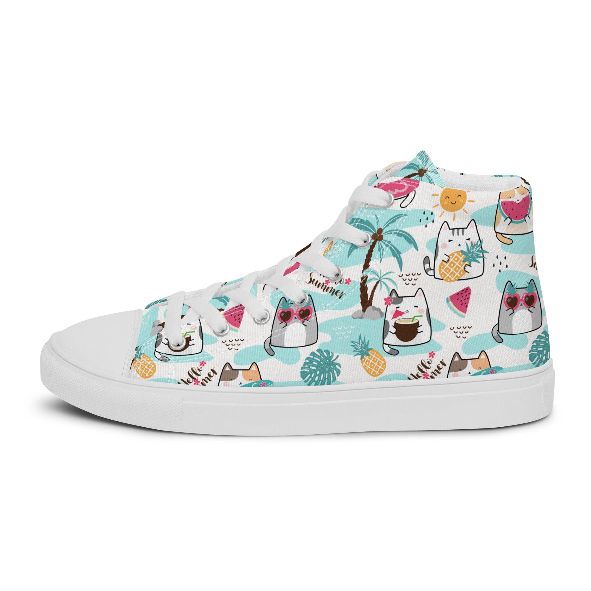 Women’s High-Top Sneakers – Summer Cat & Tropical Print, Fun Canvas Shoes