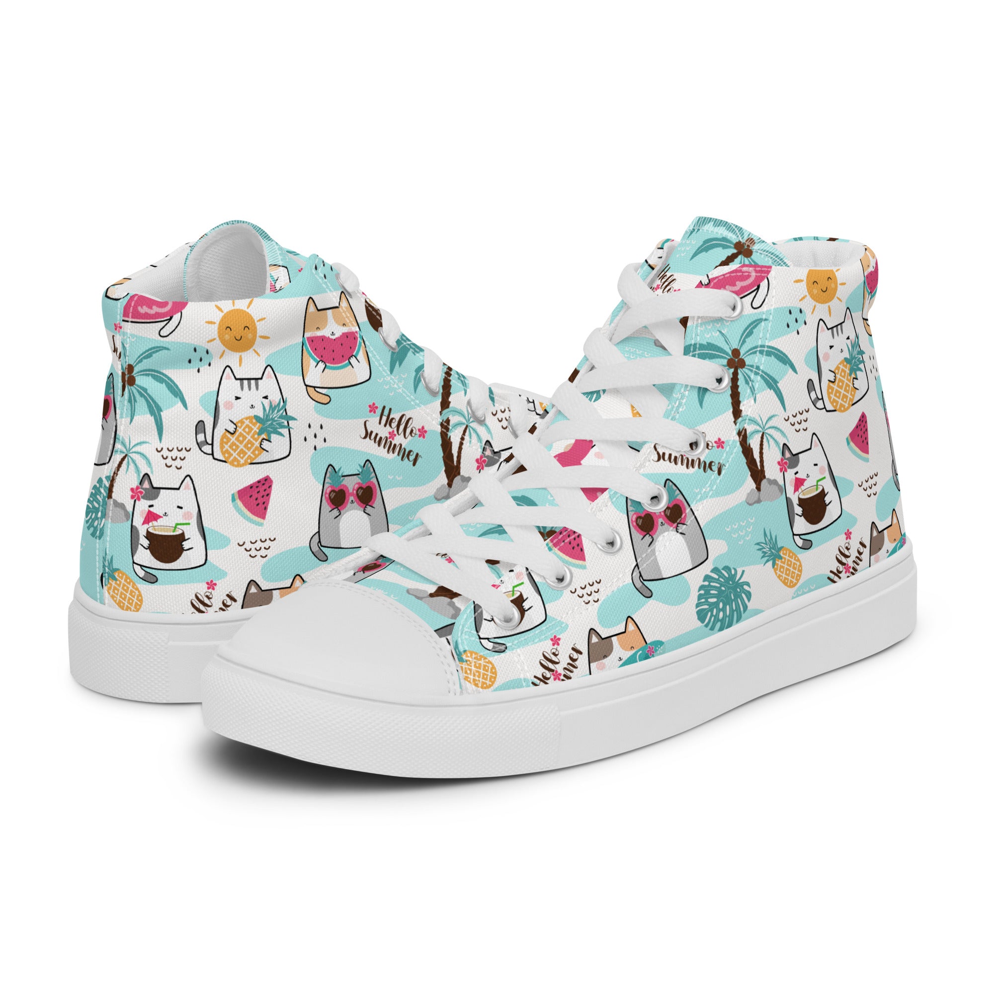 Womens High Top Sneakers Summer Cat Tropical Print Fun Canvas Shoes Nmyoe