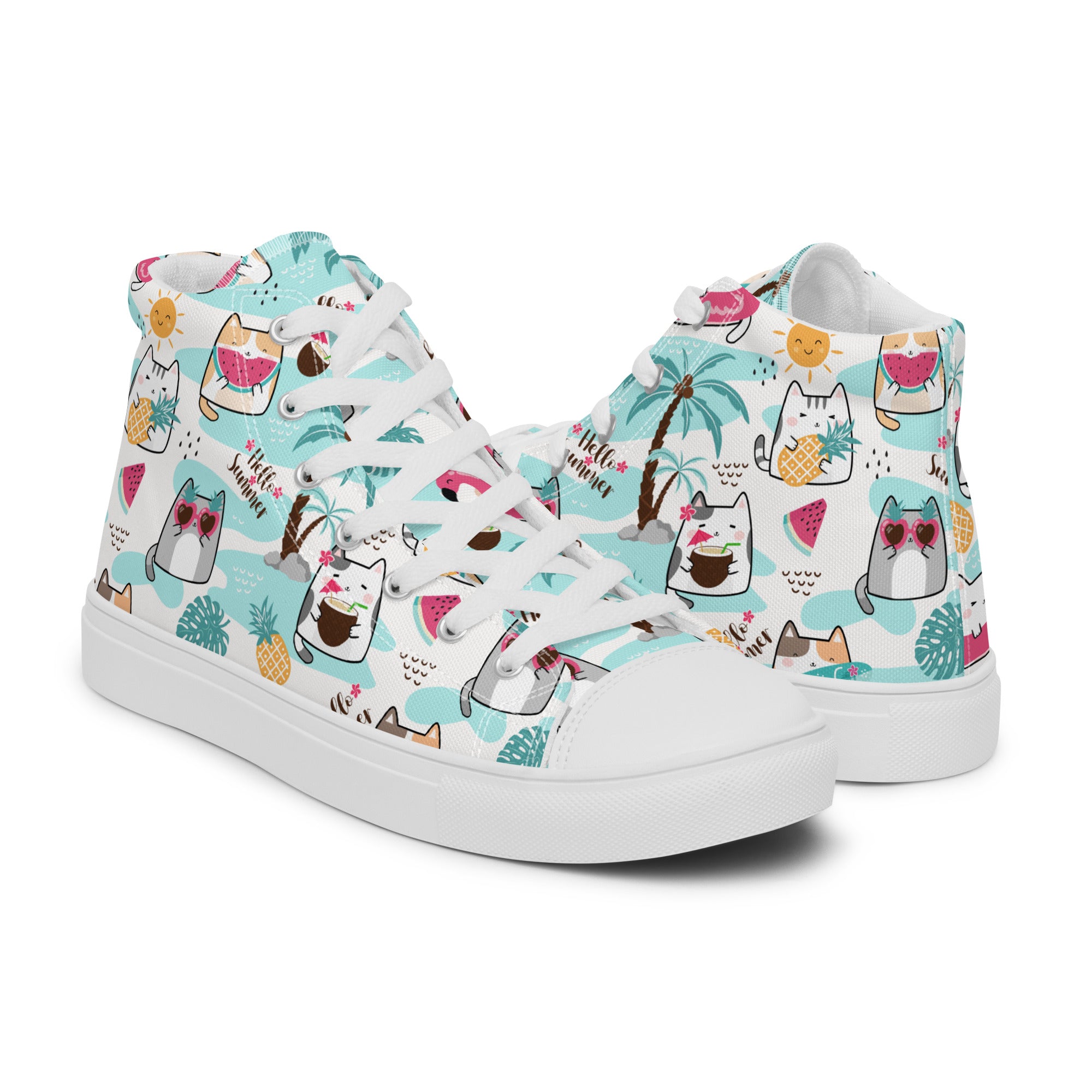 Women’s High-Top Sneakers – Summer Cat & Tropical Print, Fun Canvas Shoes