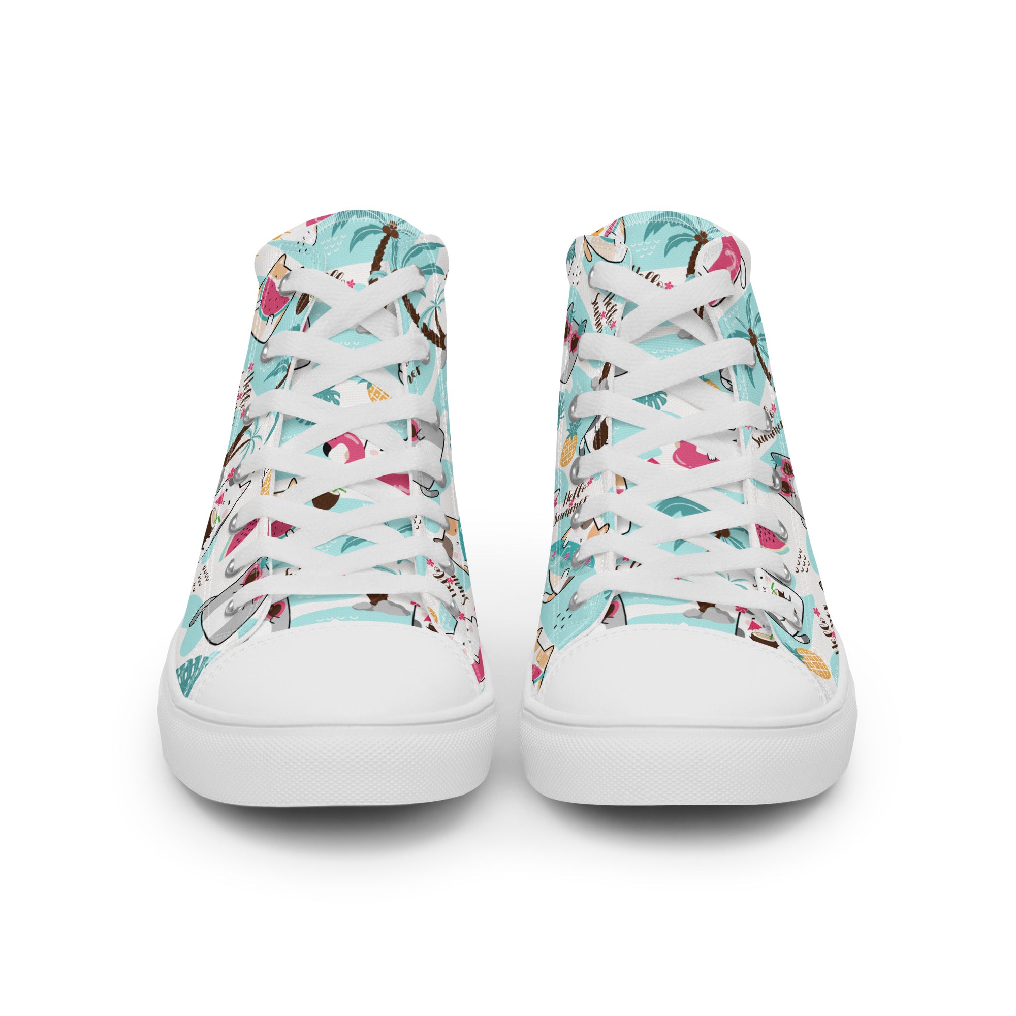 Women’s High-Top Sneakers – Summer Cat & Tropical Print, Fun Canvas Shoes