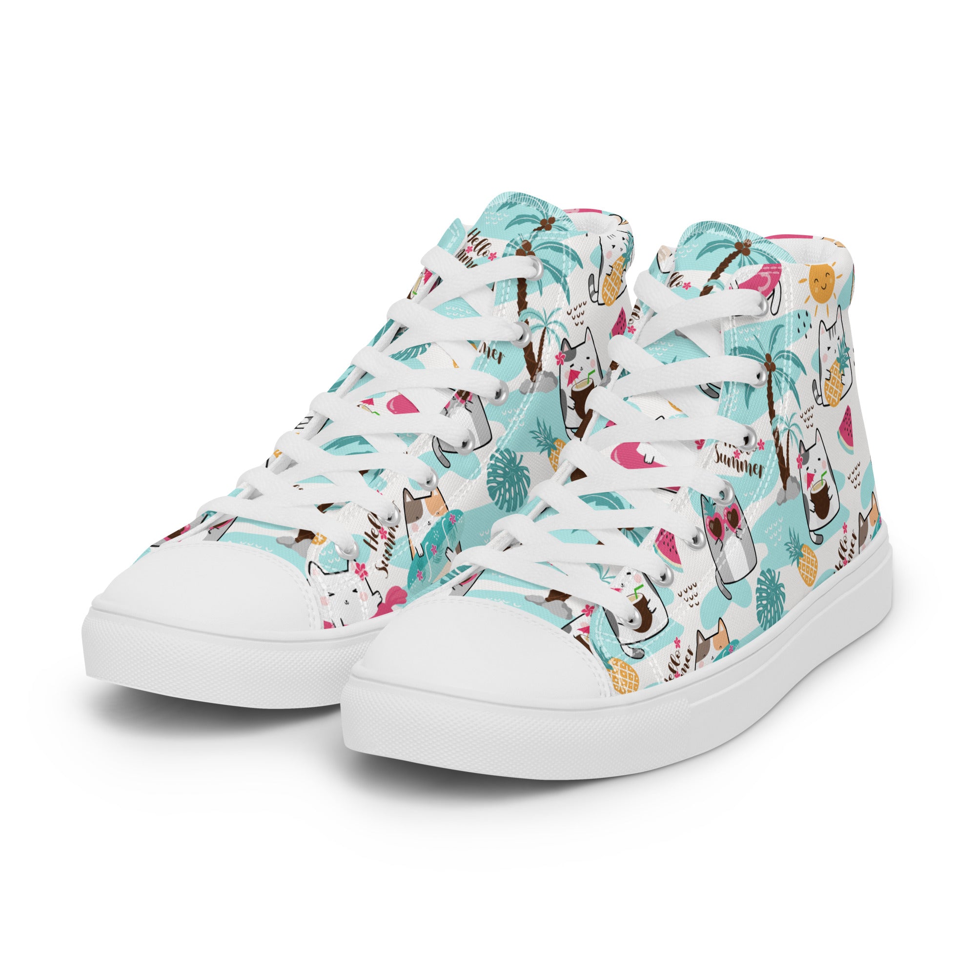 Women’s High-Top Sneakers – Summer Cat & Tropical Print, Fun Canvas Shoes