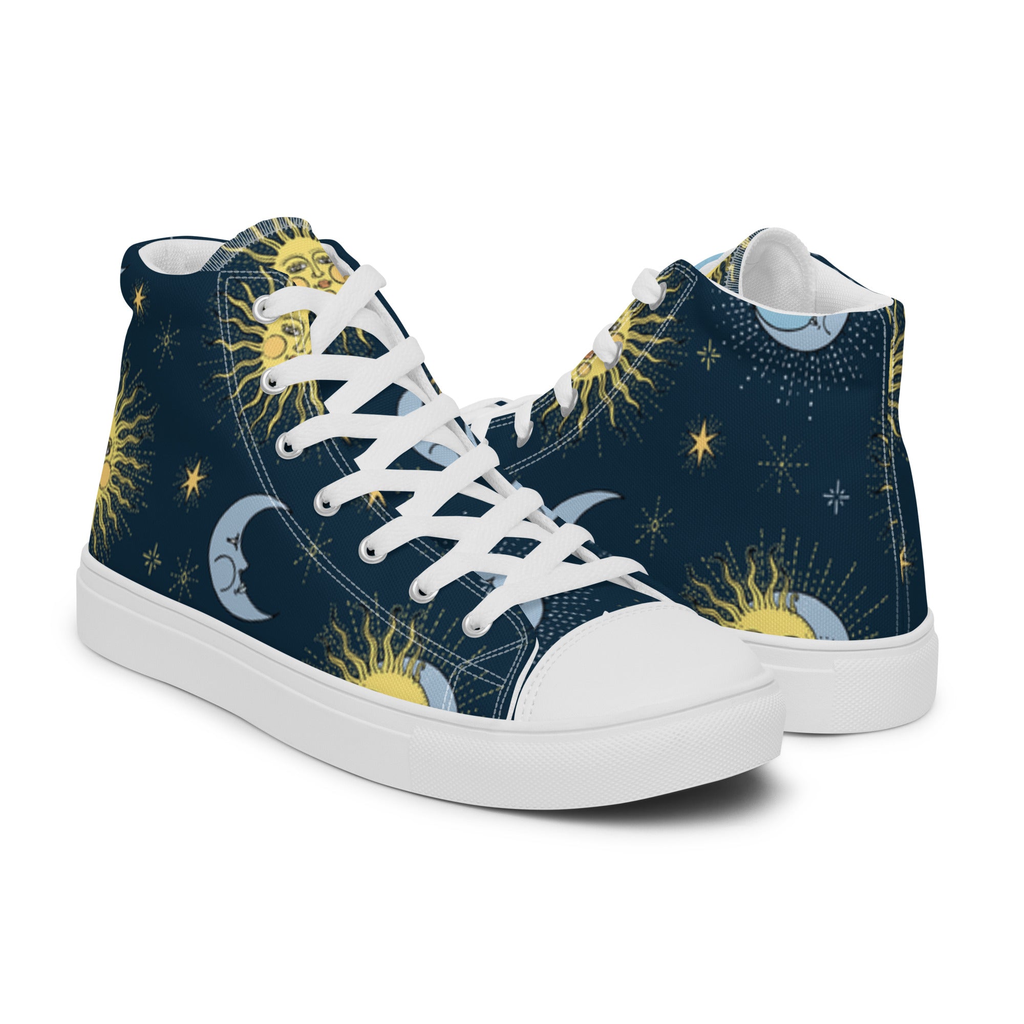 Women’s High-Top Sneakers – Sun & Moon Celestial Print, Artistic Canvas Shoes