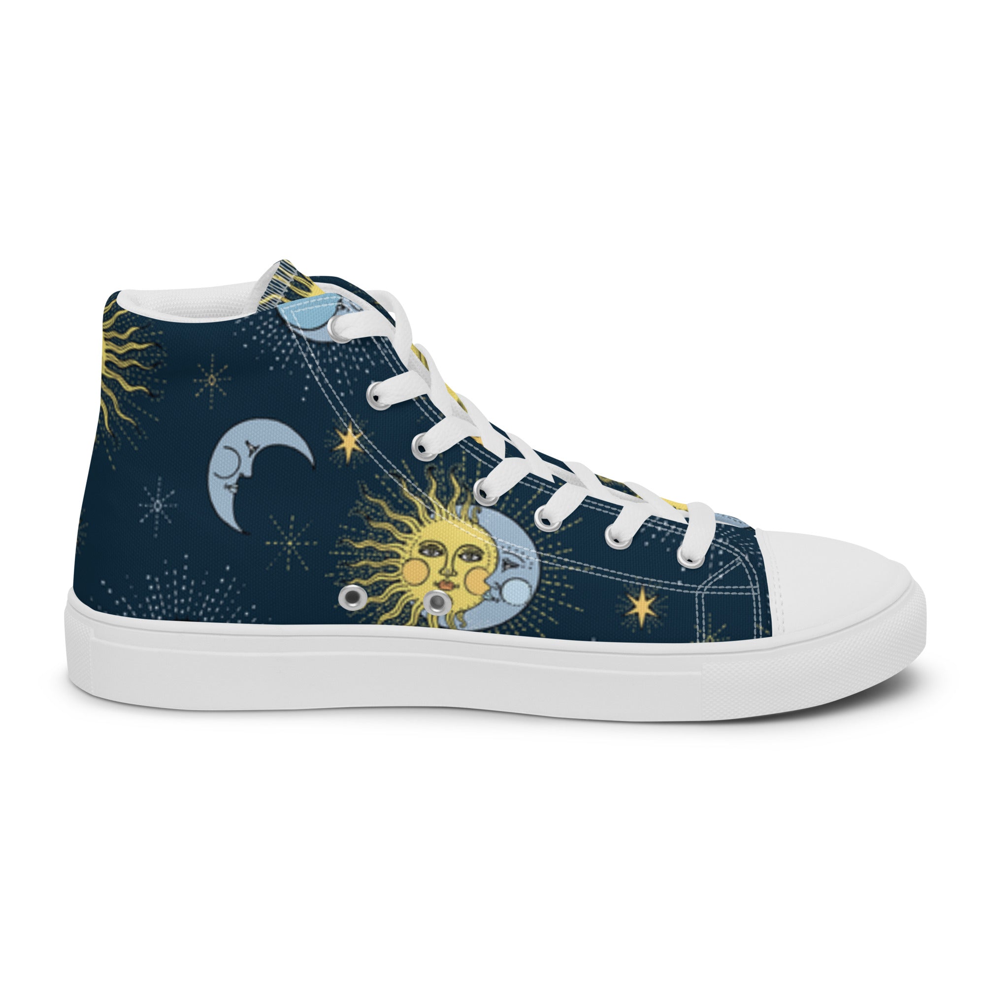 Women’s High-Top Sneakers – Sun & Moon Celestial Print, Artistic Canvas Shoes