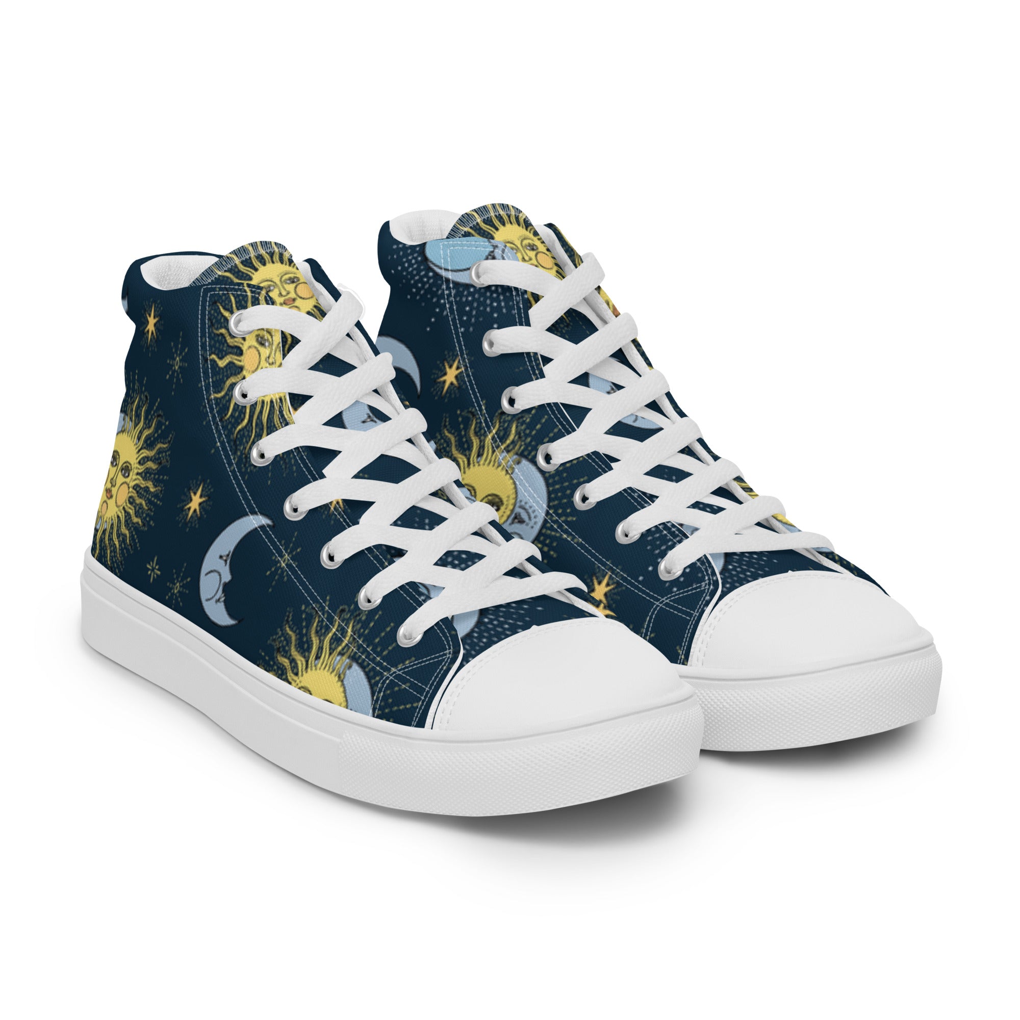 Women’s High-Top Sneakers – Sun & Moon Celestial Print, Artistic Canvas Shoes