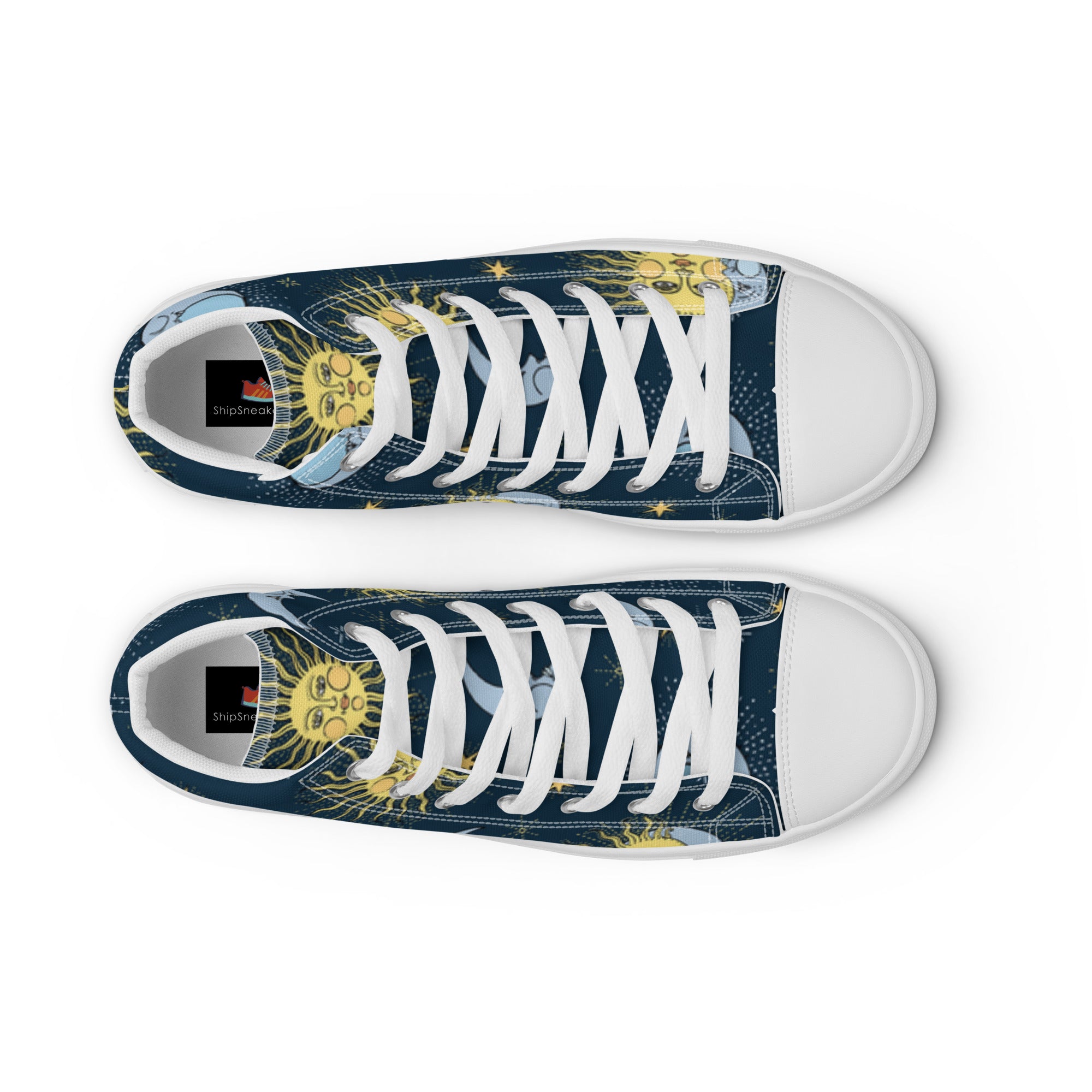 Women’s High-Top Sneakers – Sun & Moon Celestial Print, Artistic Canvas Shoes