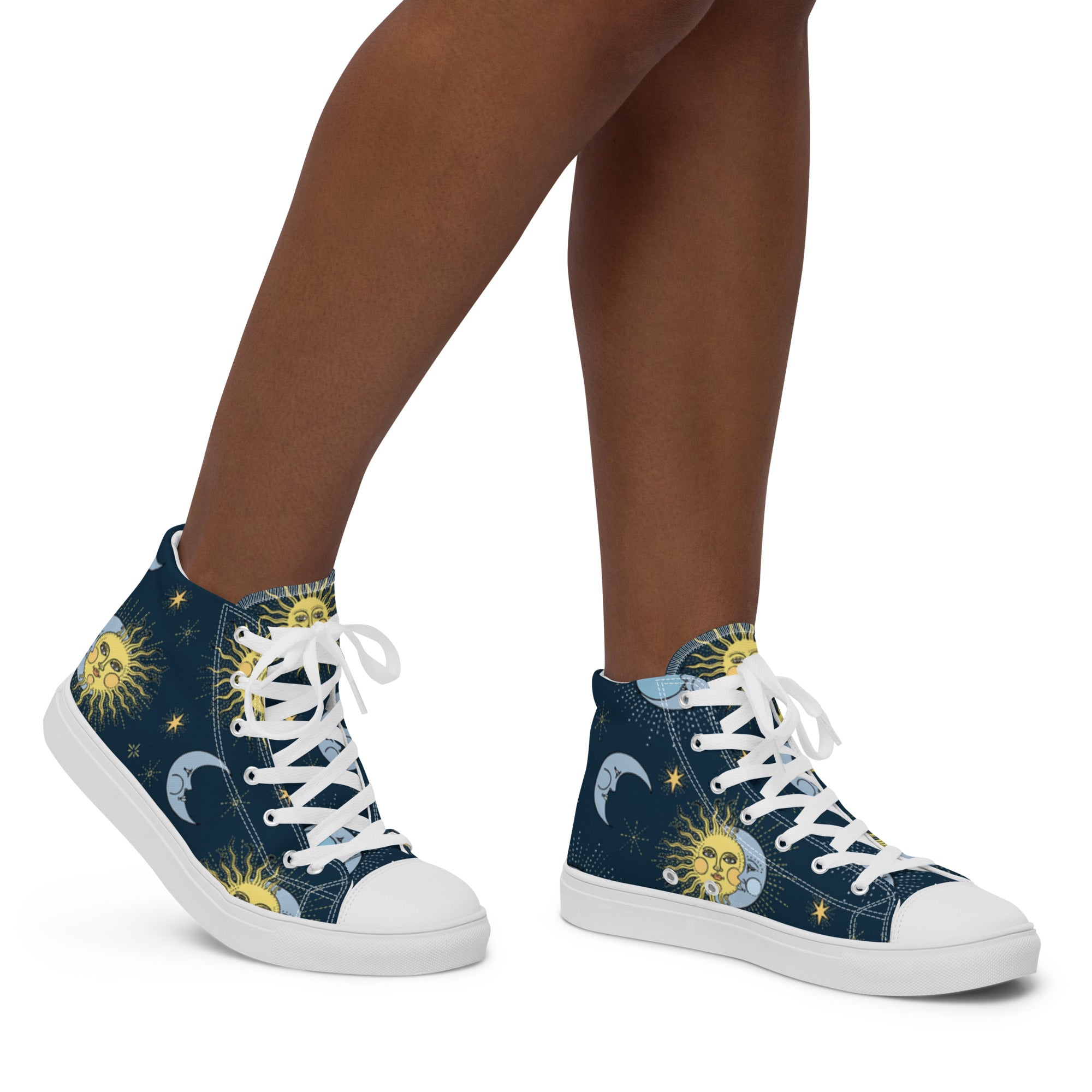 Women’s High-Top Sneakers – Sun & Moon Celestial Print, Artistic Canvas Shoes