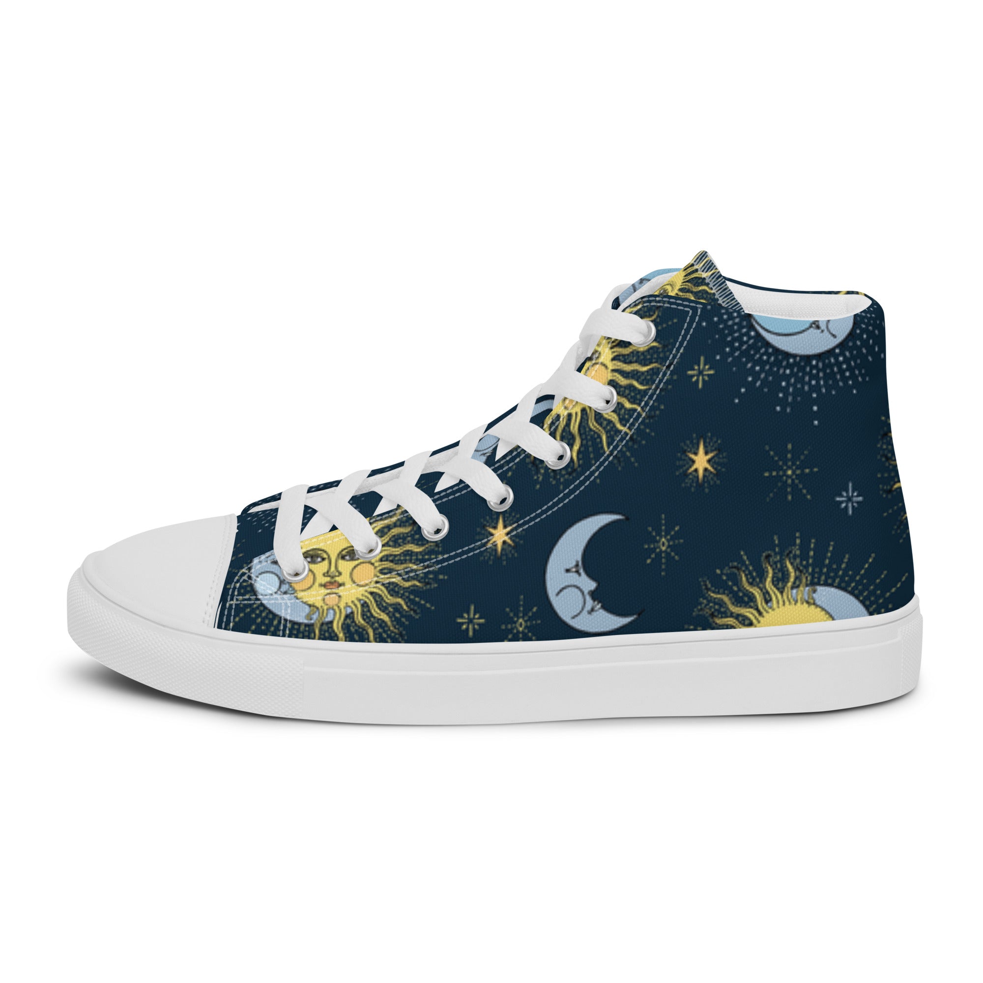 Women’s High-Top Sneakers – Sun & Moon Celestial Print, Artistic Canvas Shoes