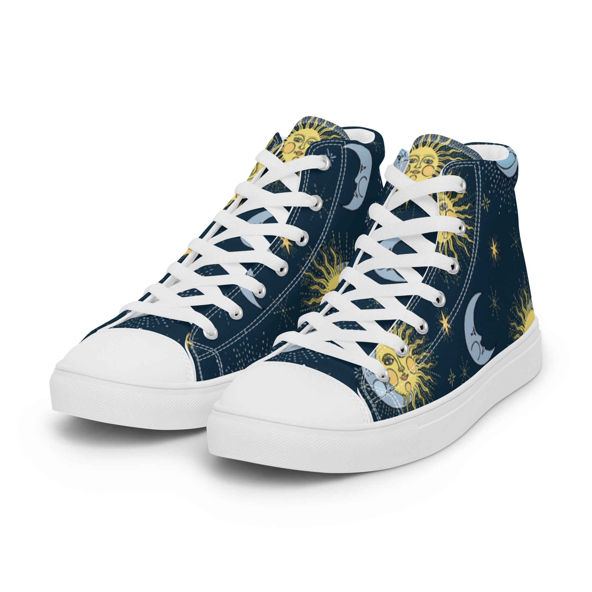 Women’s High-Top Sneakers – Sun & Moon Celestial Print, Artistic Canvas Shoes