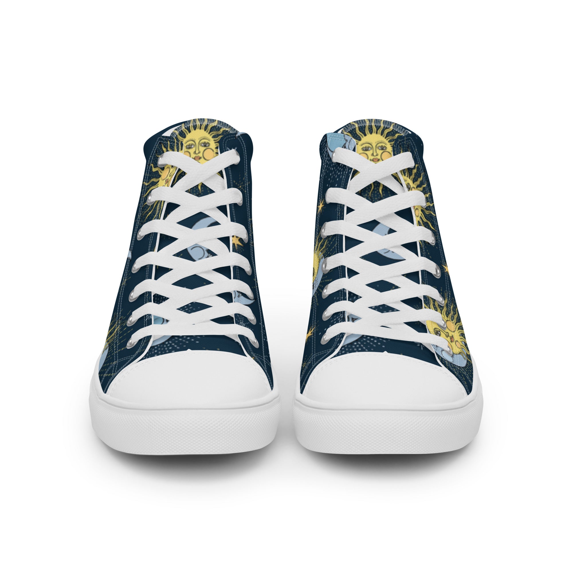 Women’s High-Top Sneakers – Sun & Moon Celestial Print, Artistic Canvas Shoes