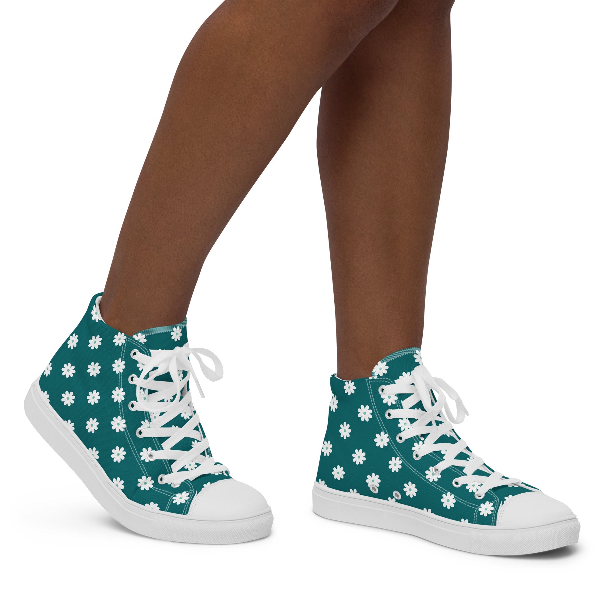 Women’s High-Top Sneakers – Teal Daisy Print, Cute Canvas Shoes