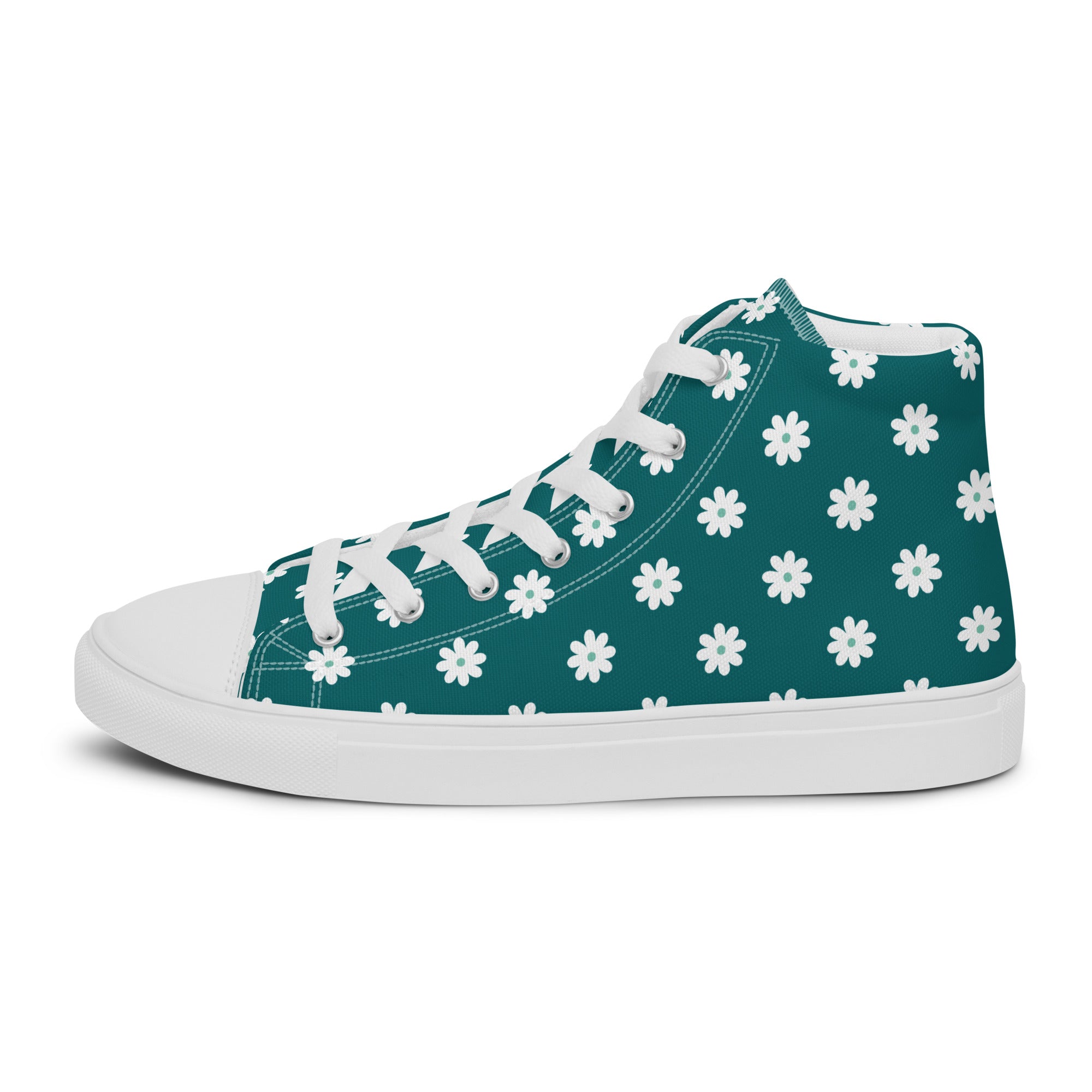 Women’s High-Top Sneakers – Teal Daisy Print, Cute Canvas Shoes