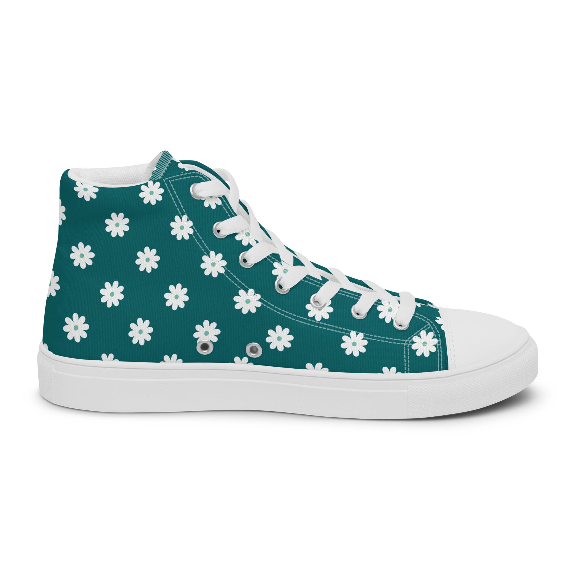 Women’s High-Top Sneakers – Teal Daisy Print, Cute Canvas Shoes