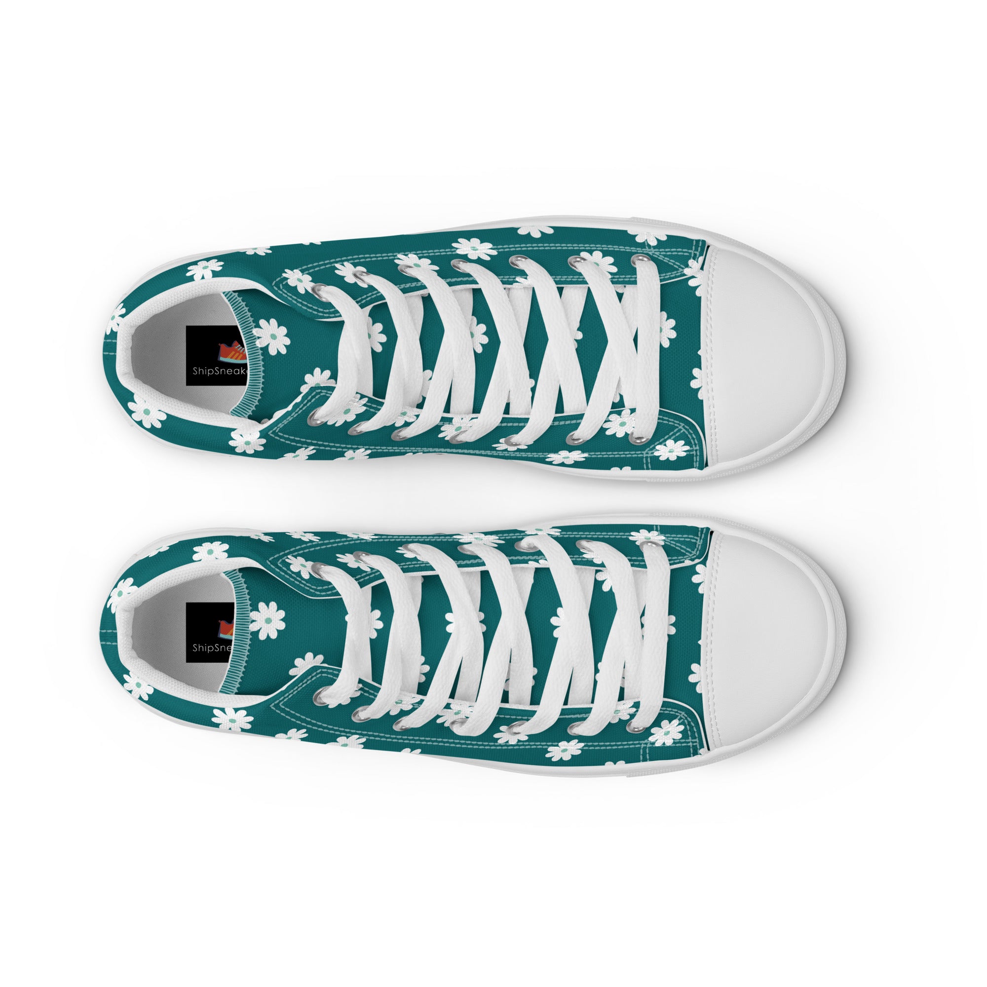 Women’s High-Top Sneakers – Teal Daisy Print, Cute Canvas Shoes