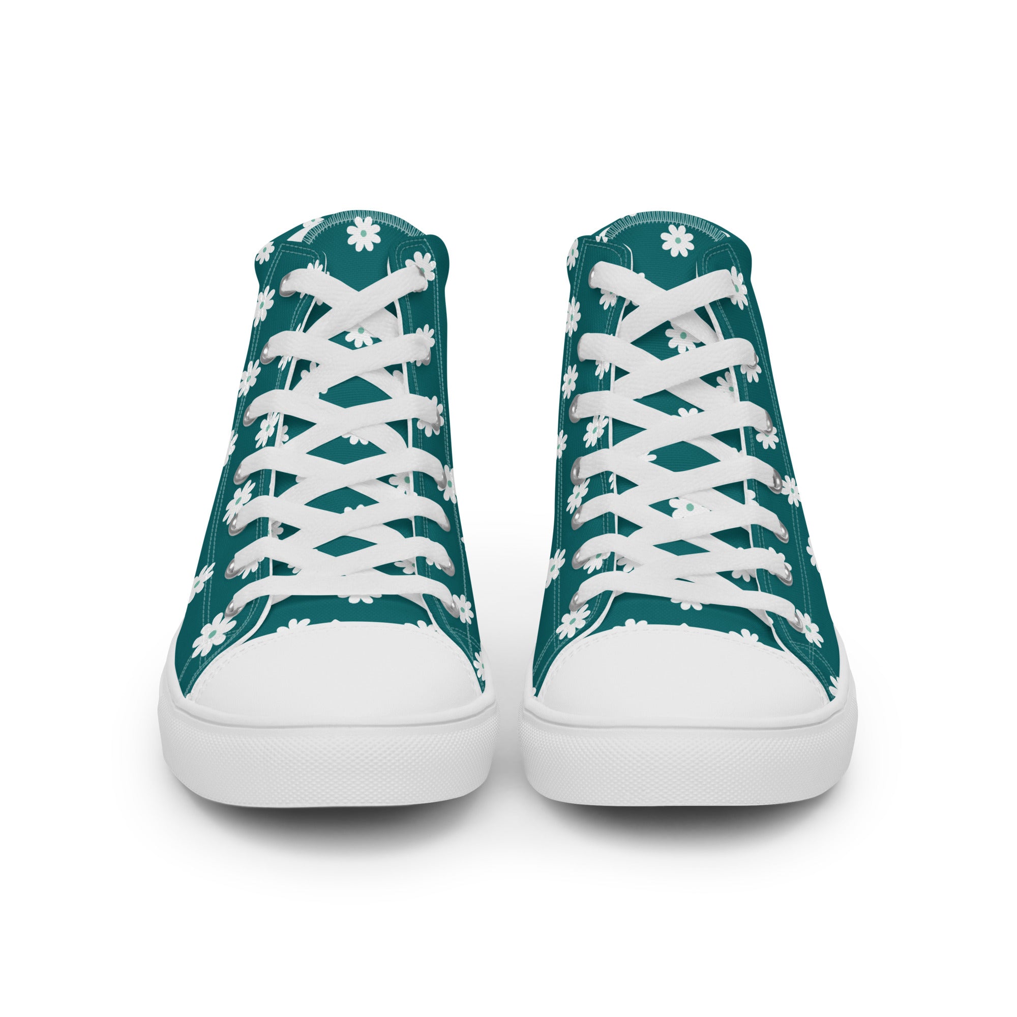 Women’s High-Top Sneakers – Teal Daisy Print, Cute Canvas Shoes