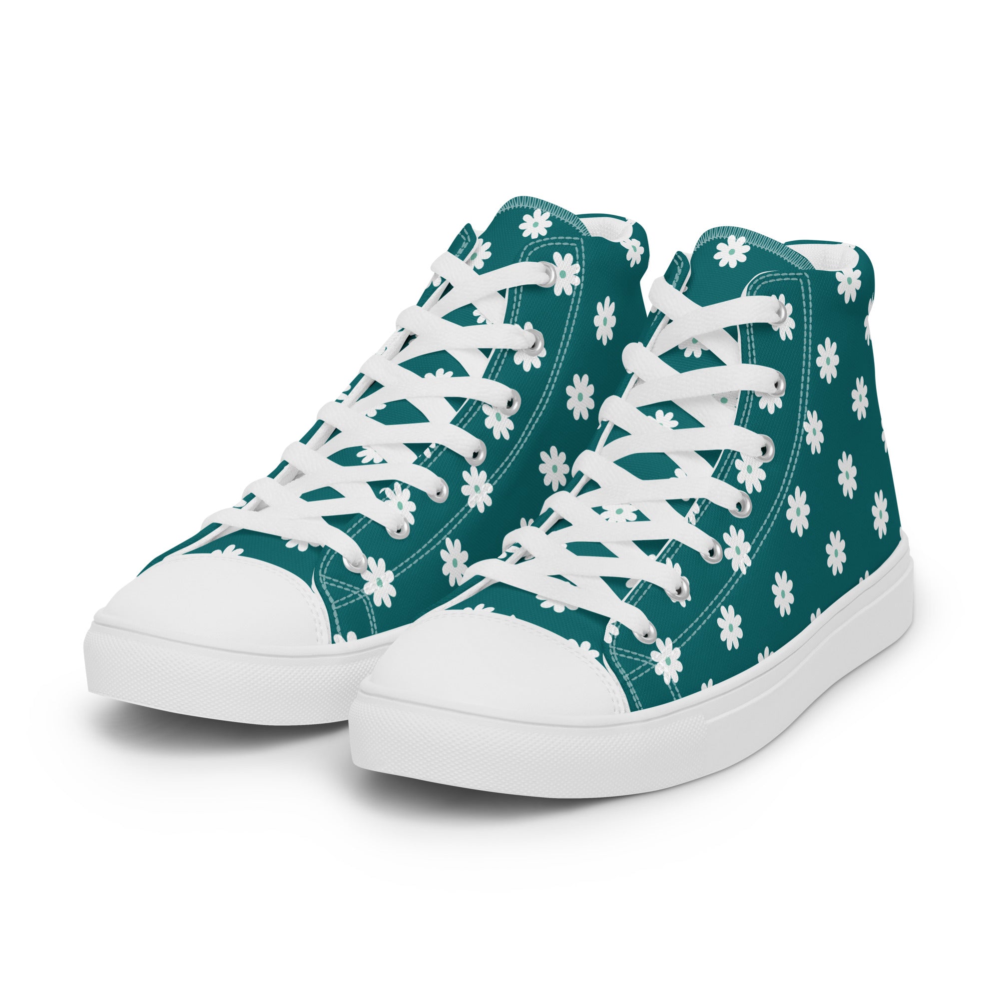 Women’s High-Top Sneakers – Teal Daisy Print, Cute Canvas Shoes