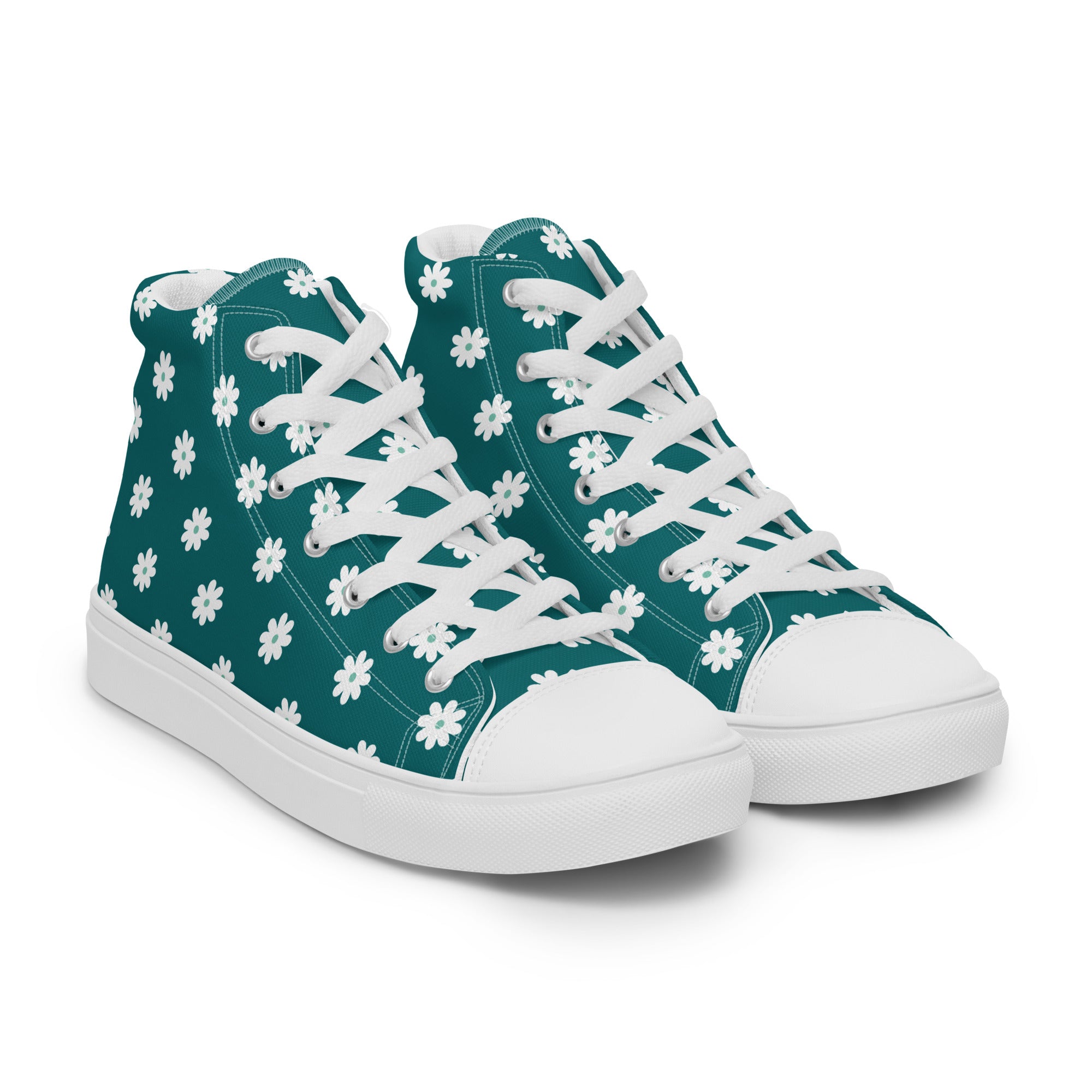 Women’s High-Top Sneakers – Teal Daisy Print, Cute Canvas Shoes