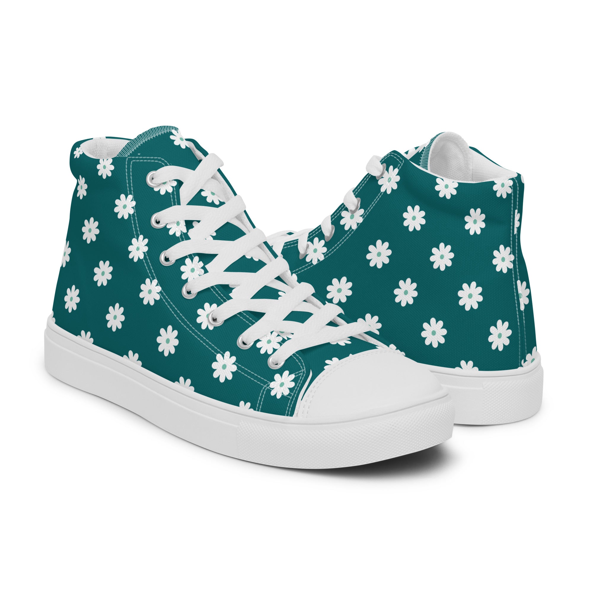 Women’s High-Top Sneakers – Teal Daisy Print, Cute Canvas Shoes