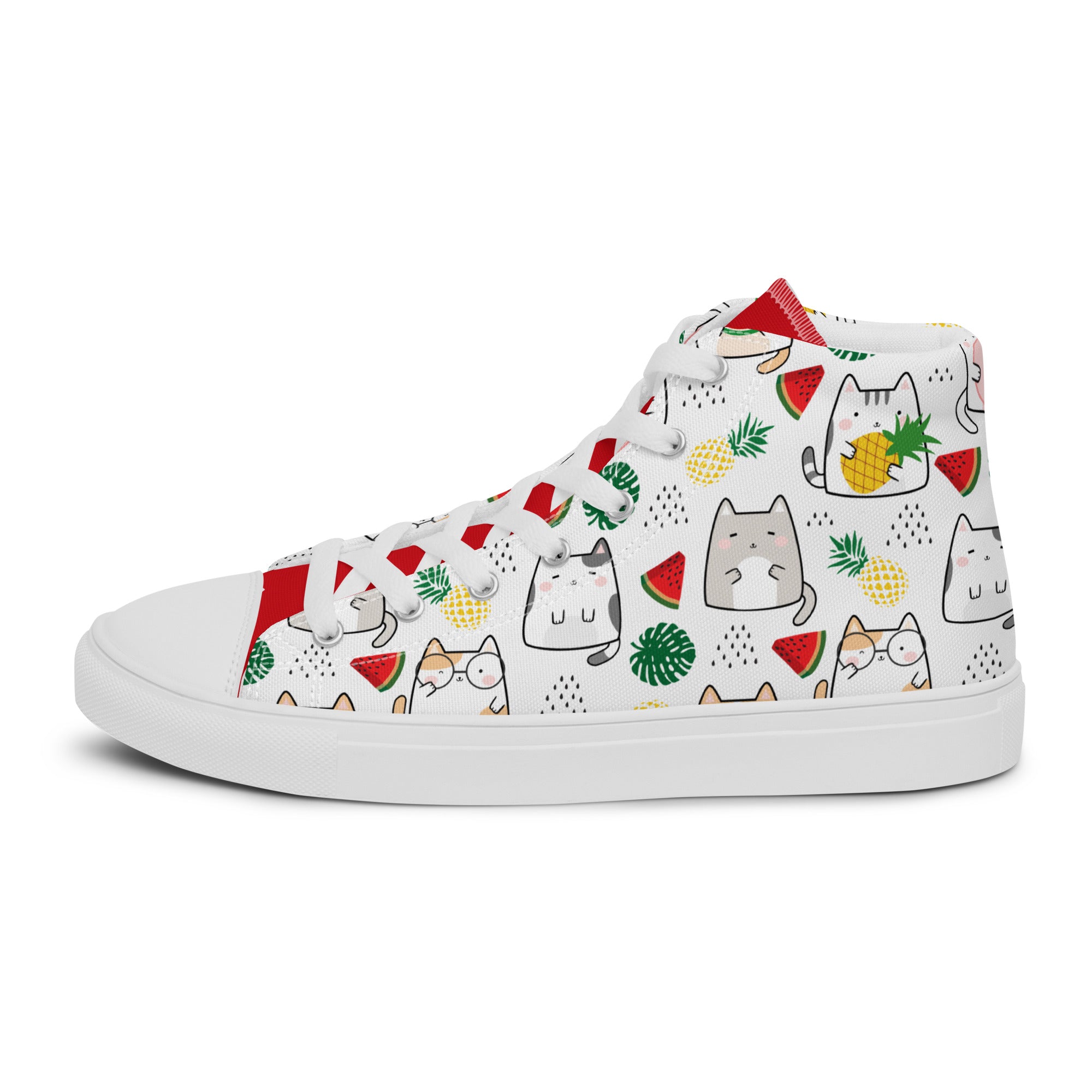 Women’s High-Top Sneakers – Tropical Cat & Fruit Print, Fun Canvas Shoes