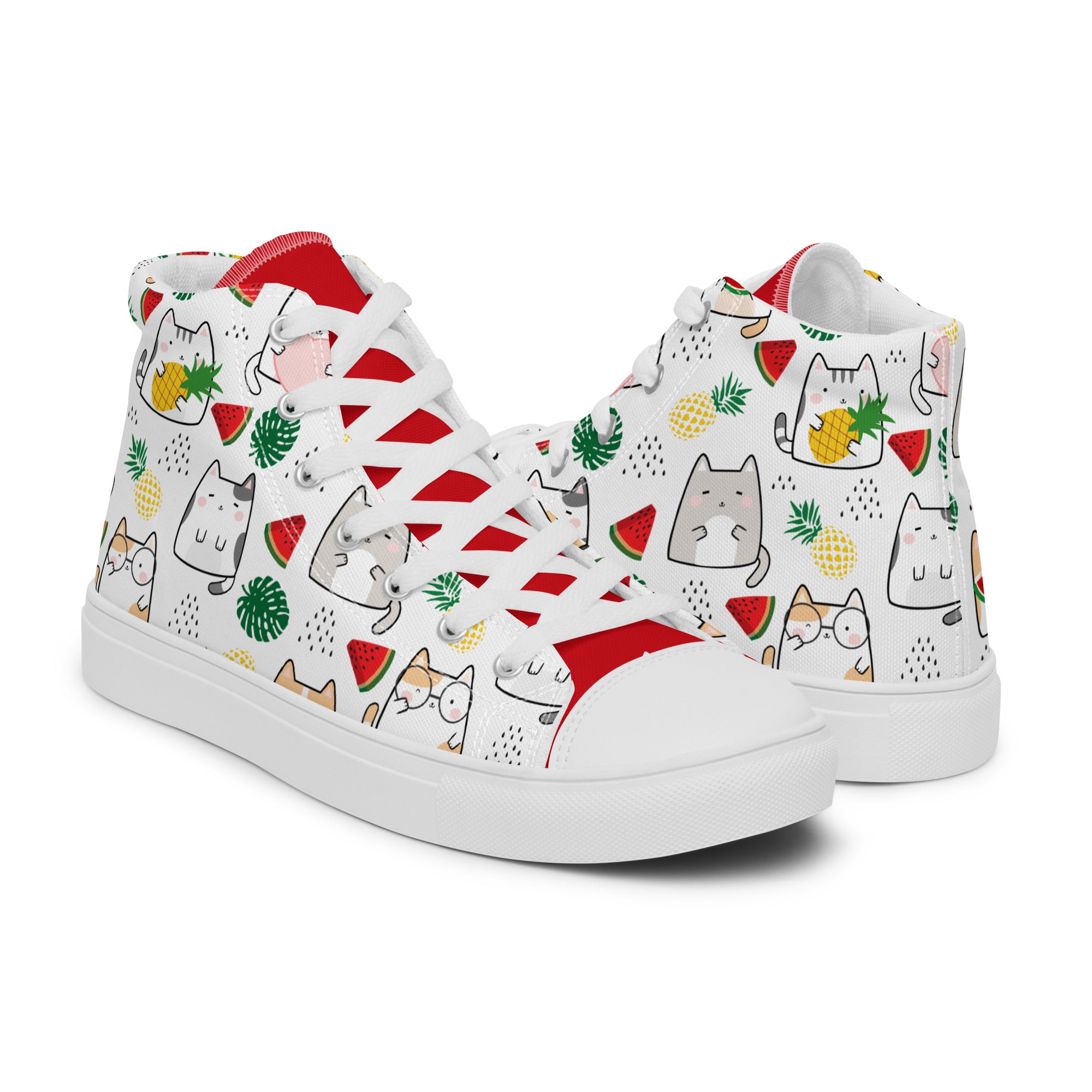 Women’s High-Top Sneakers – Tropical Cat & Fruit Print, Fun Canvas Shoes