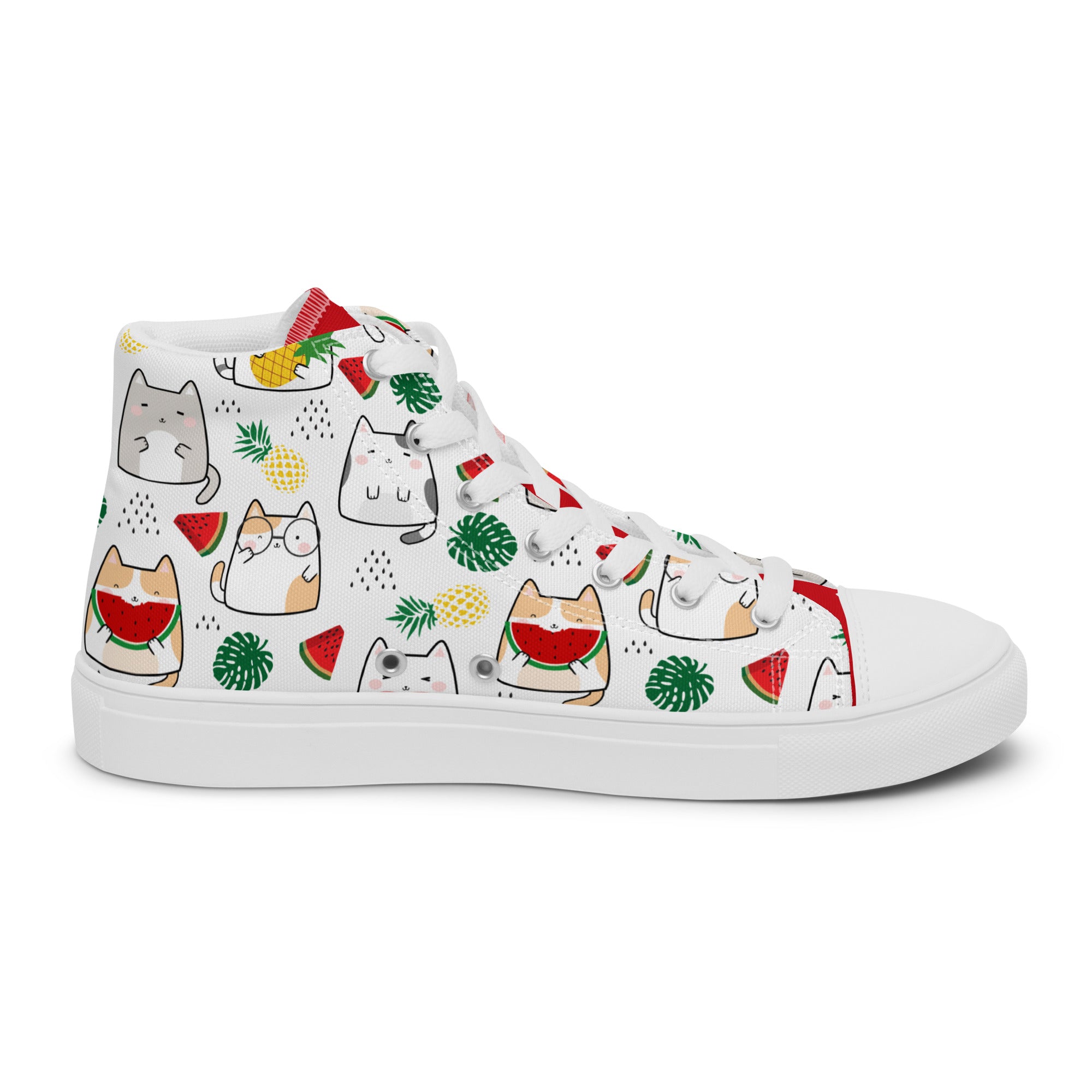 Women’s High-Top Sneakers – Tropical Cat & Fruit Print, Fun Canvas Shoes