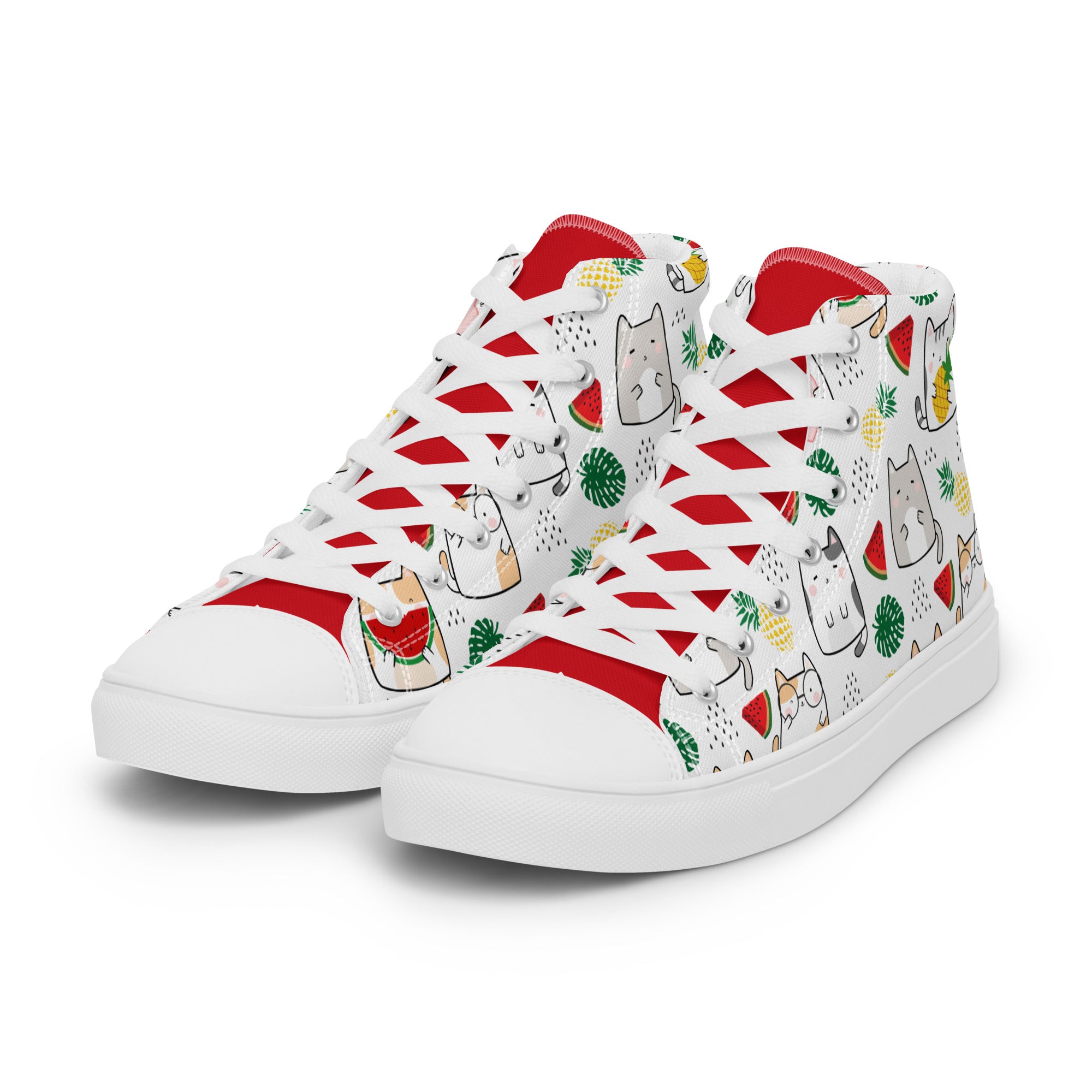 Women’s High-Top Sneakers – Tropical Cat & Fruit Print, Fun Canvas Shoes