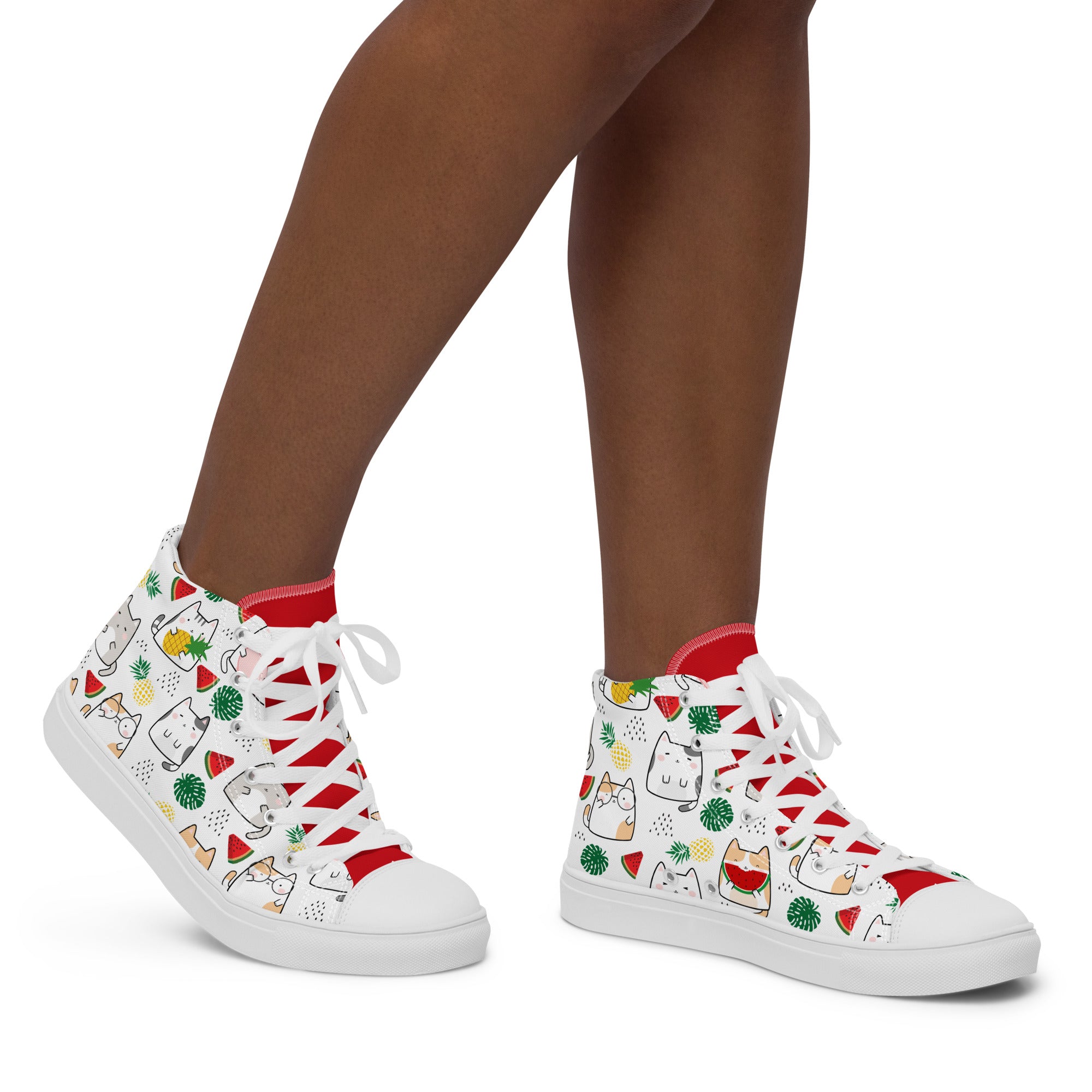 Women’s High-Top Sneakers – Tropical Cat & Fruit Print, Fun Canvas Shoes