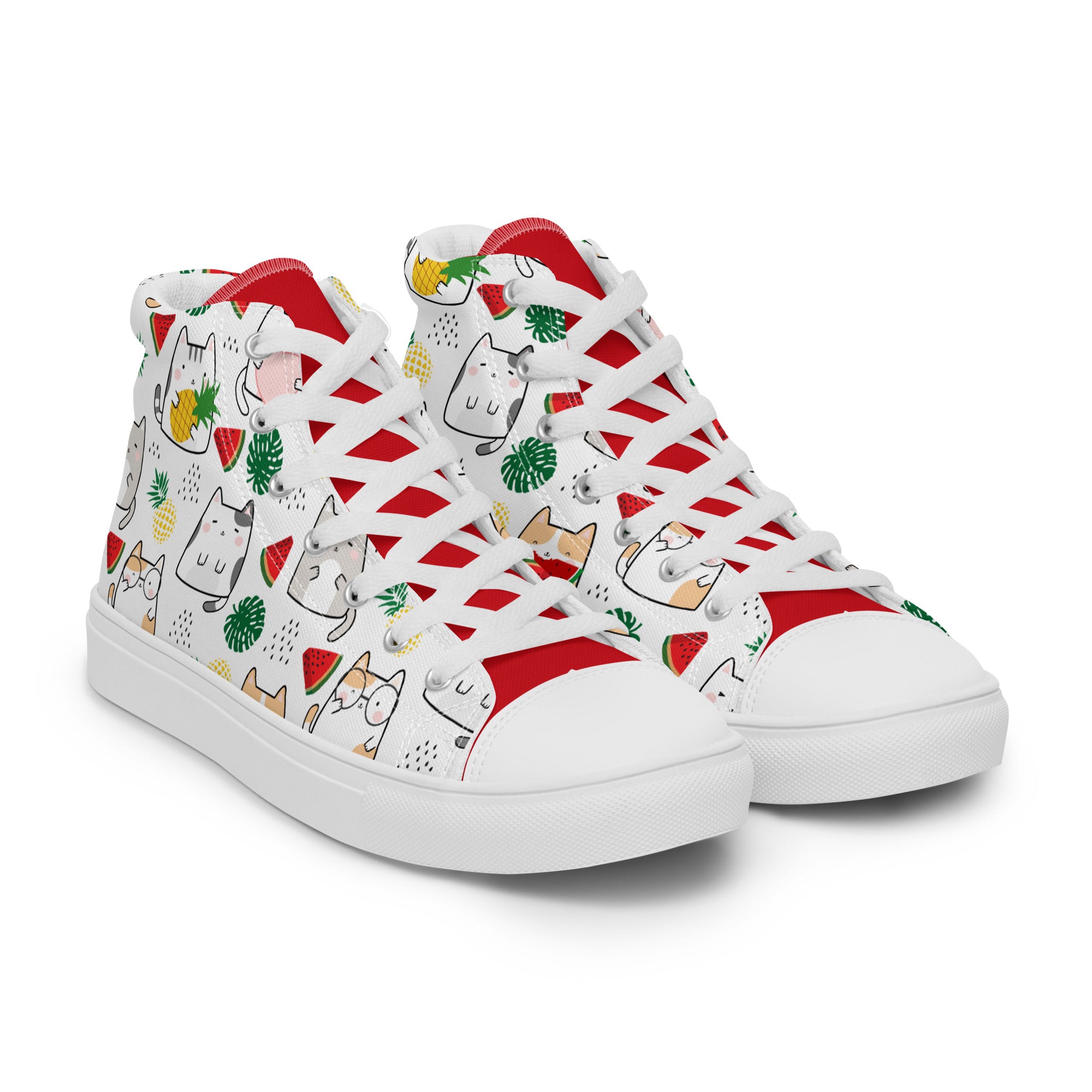 Women’s High-Top Sneakers – Tropical Cat & Fruit Print, Fun Canvas Shoes