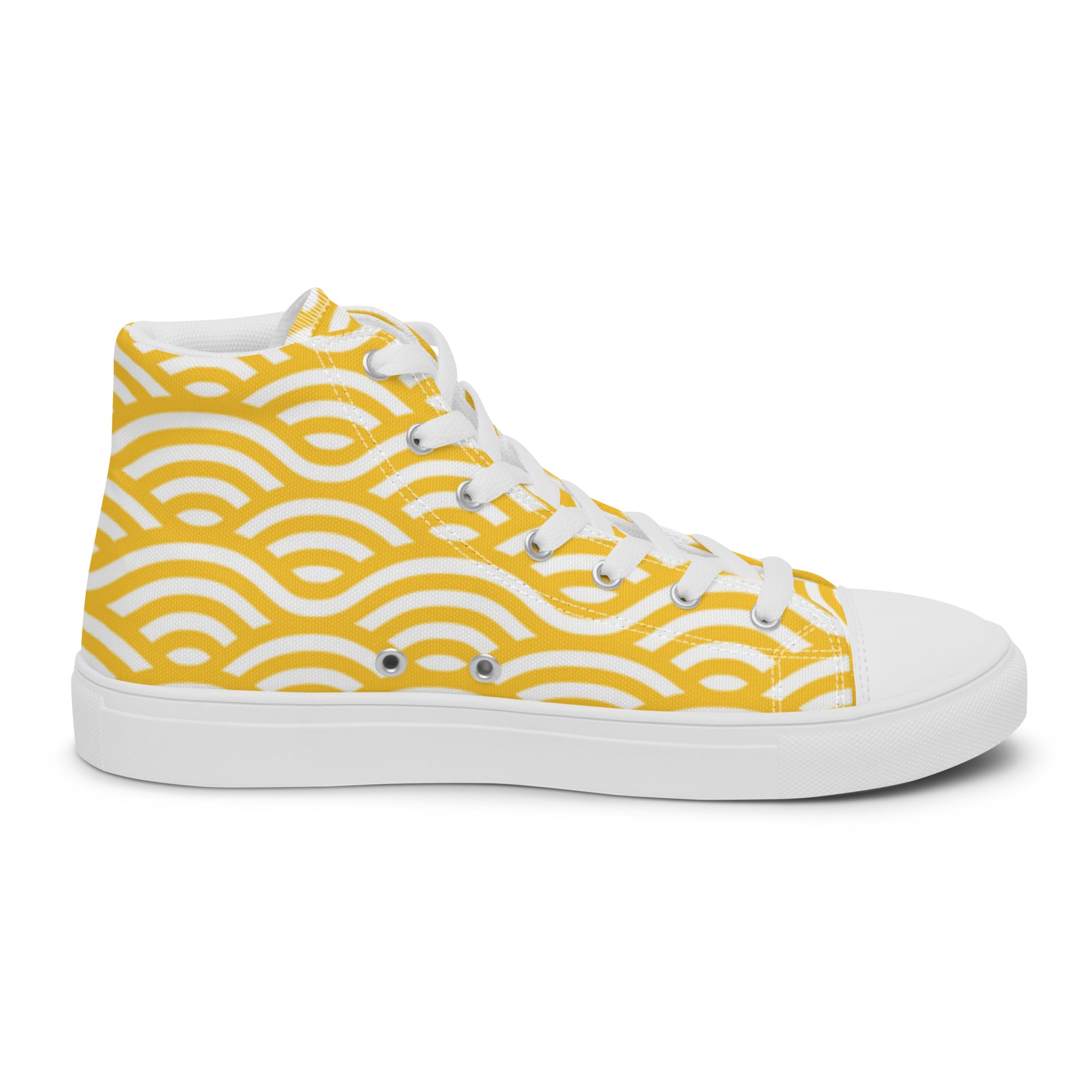 Women’s High-Top Sneakers – Yellow Wave Pattern, Vibrant Canvas Shoes