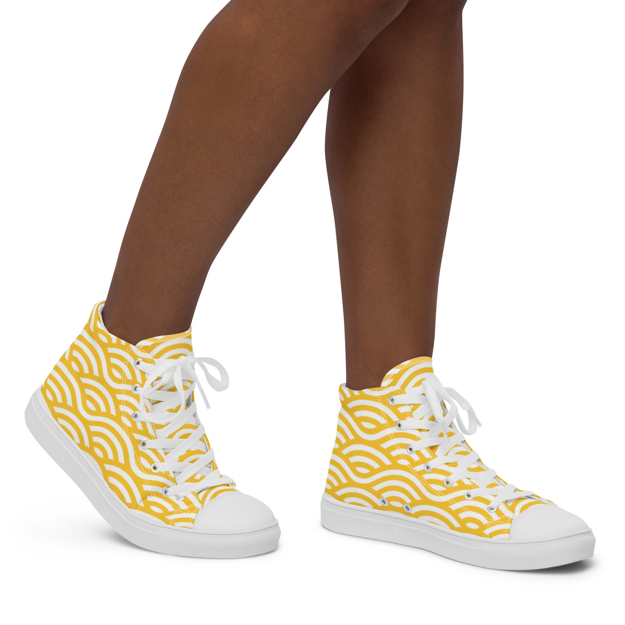 Women’s High-Top Sneakers – Yellow Wave Pattern, Vibrant Canvas Shoes