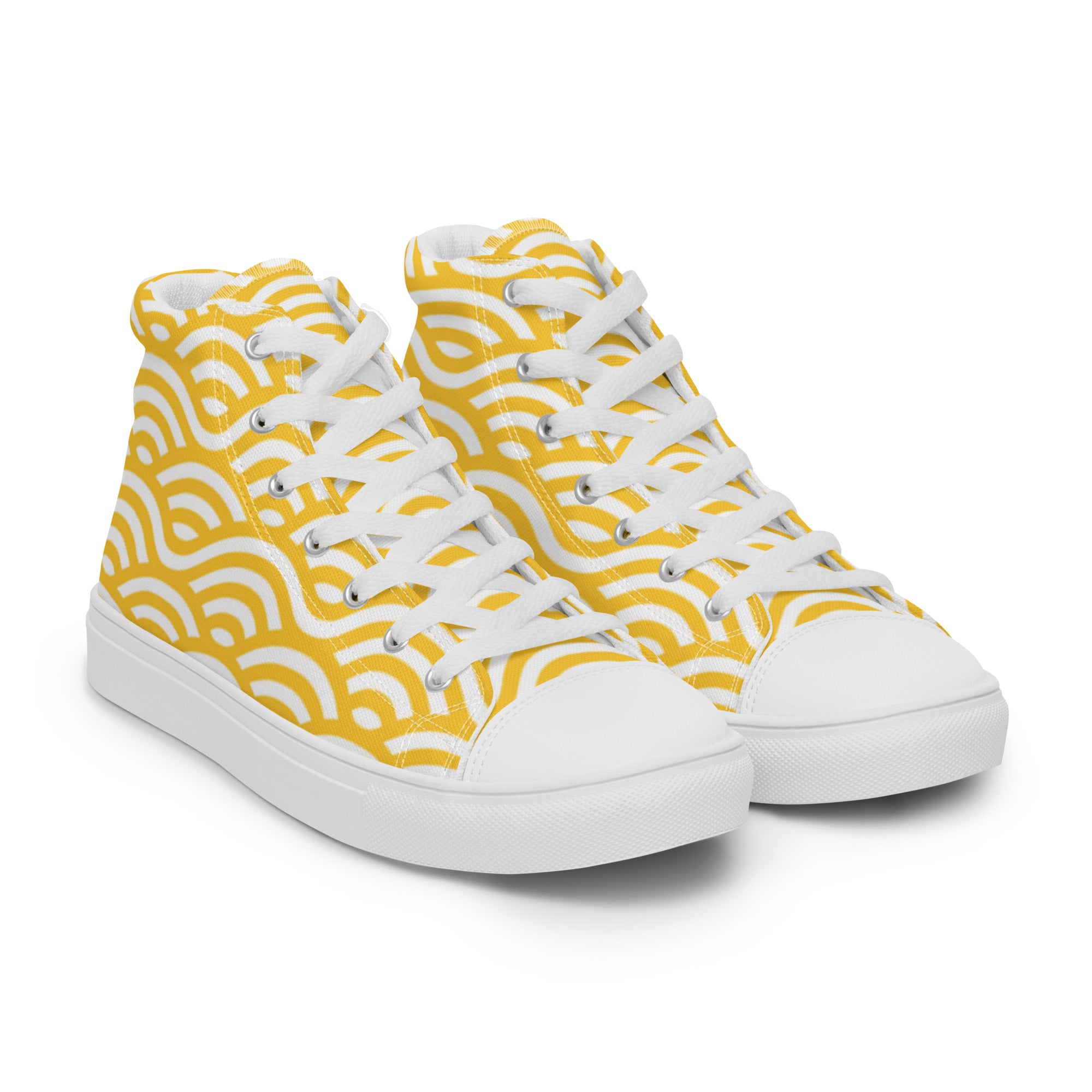 Women’s High-Top Sneakers – Yellow Wave Pattern, Vibrant Canvas Shoes