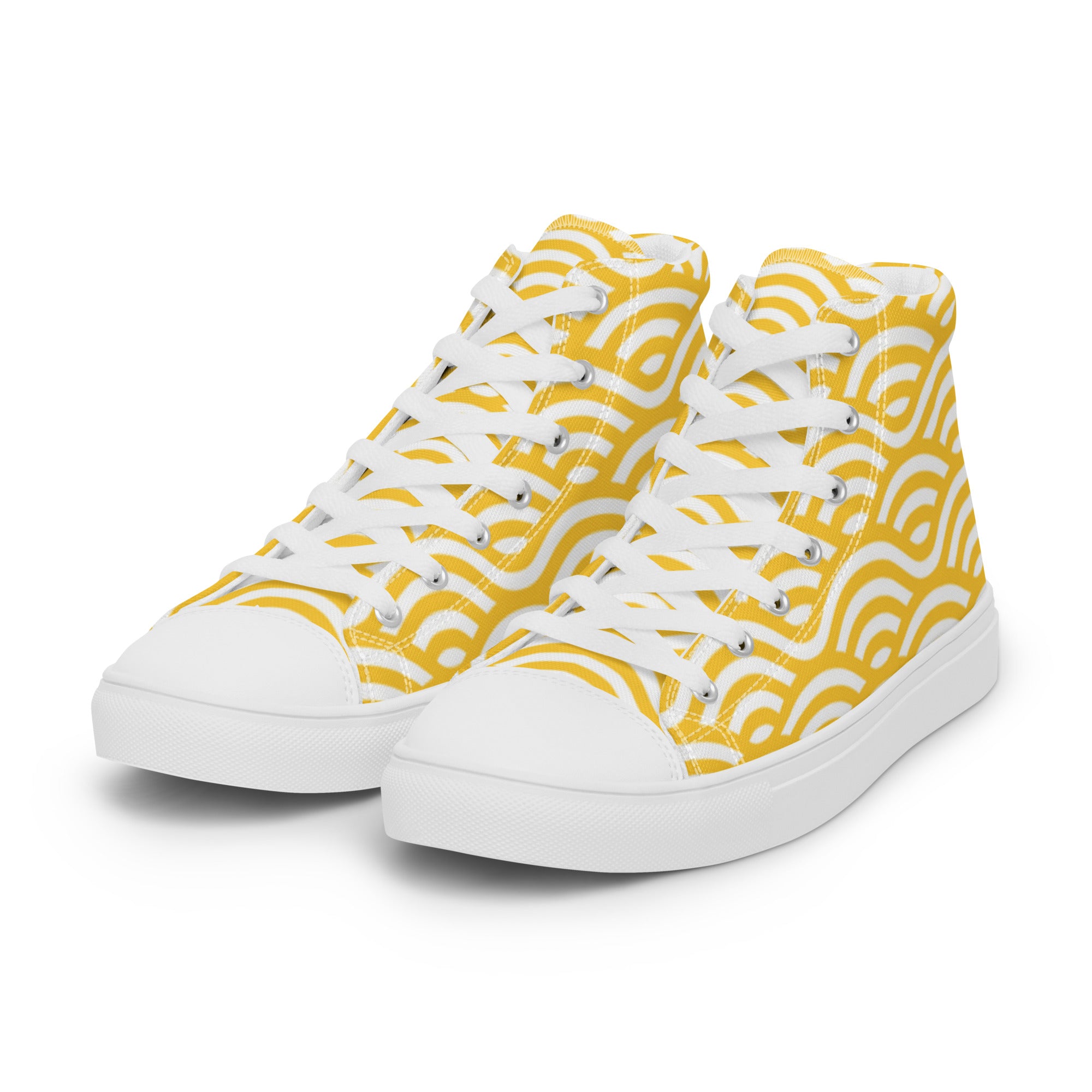 Women’s High-Top Sneakers – Yellow Wave Pattern, Vibrant Canvas Shoes