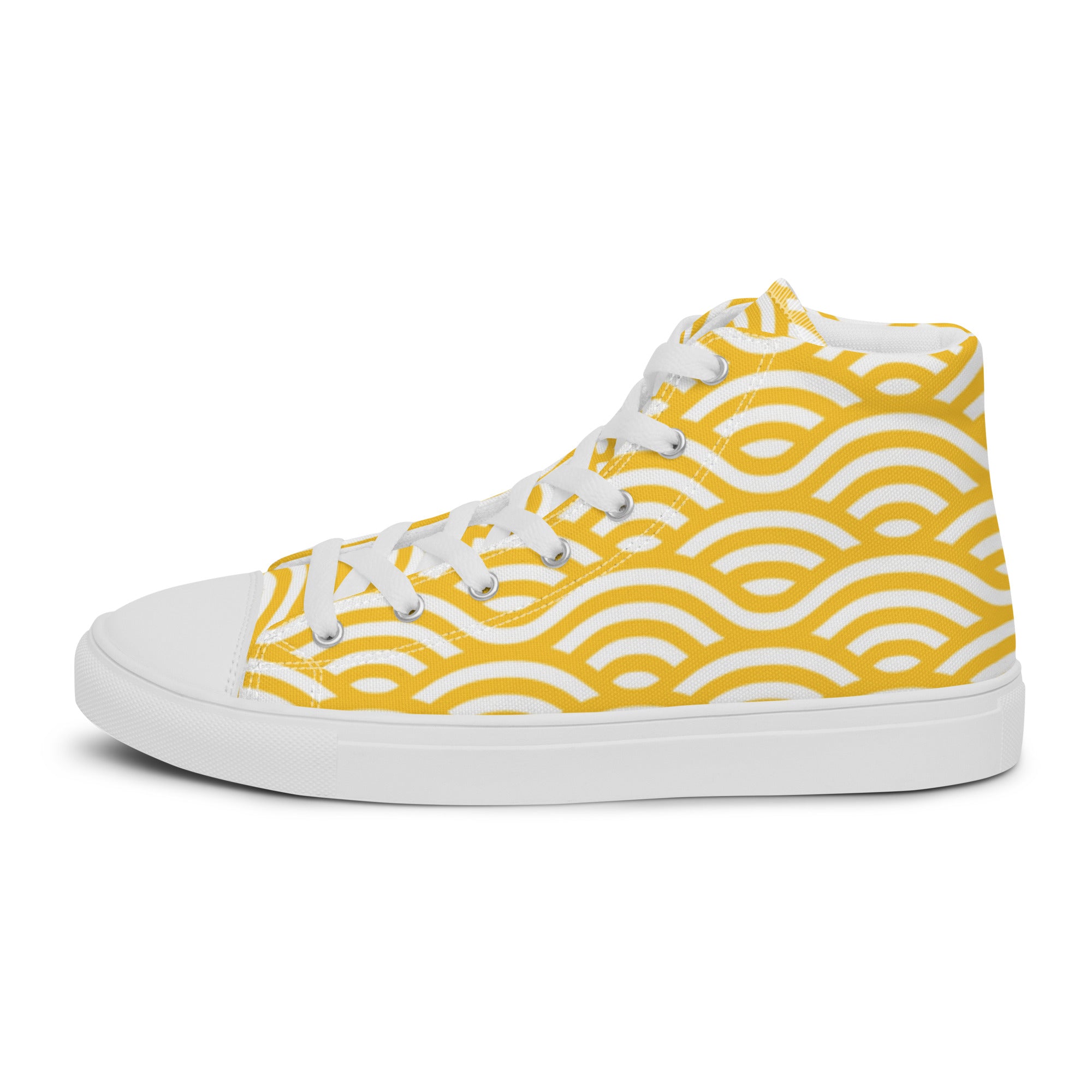 Women’s High-Top Sneakers – Yellow Wave Pattern, Vibrant Canvas Shoes