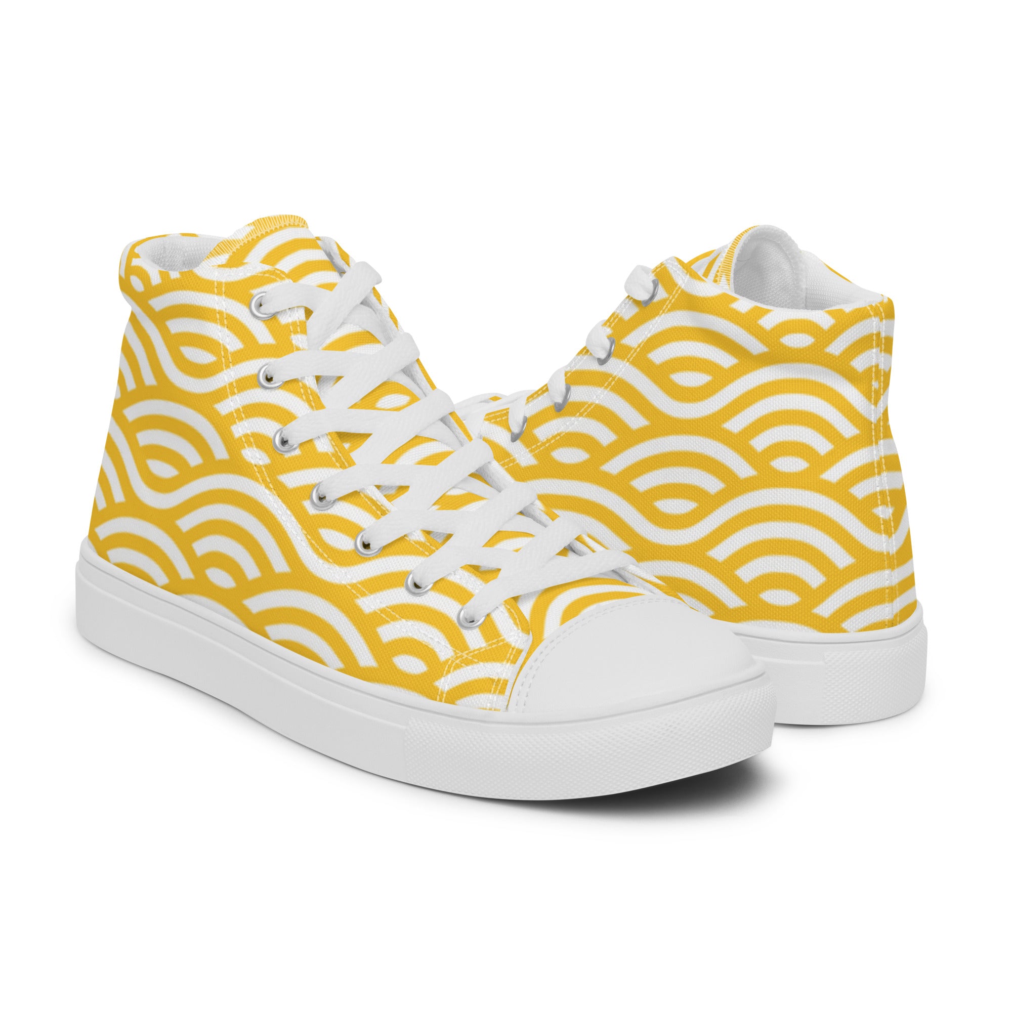 Women’s High-Top Sneakers – Yellow Wave Pattern, Vibrant Canvas Shoes