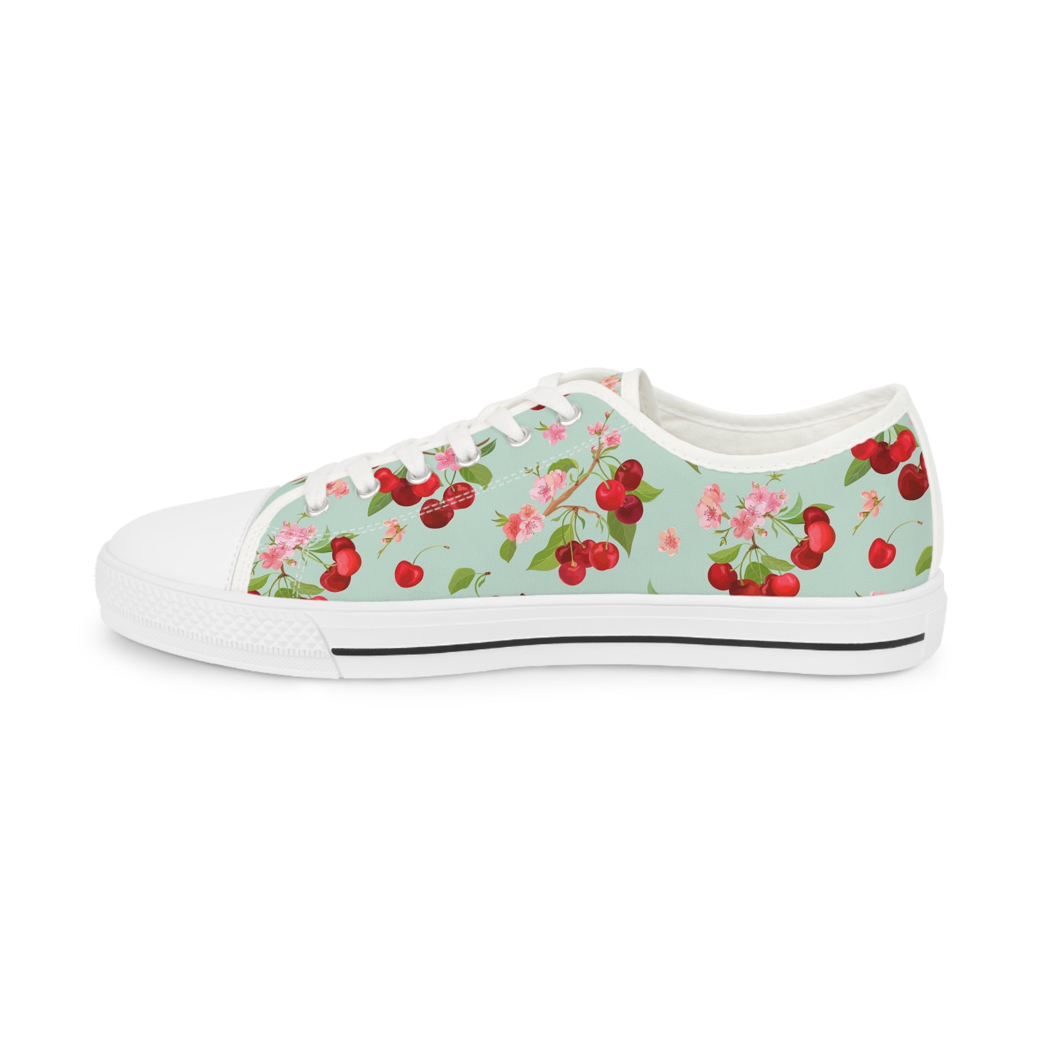 Men’s Cherry Blossom Low-Top Sneakers – Light Green Floral and Fruit Design