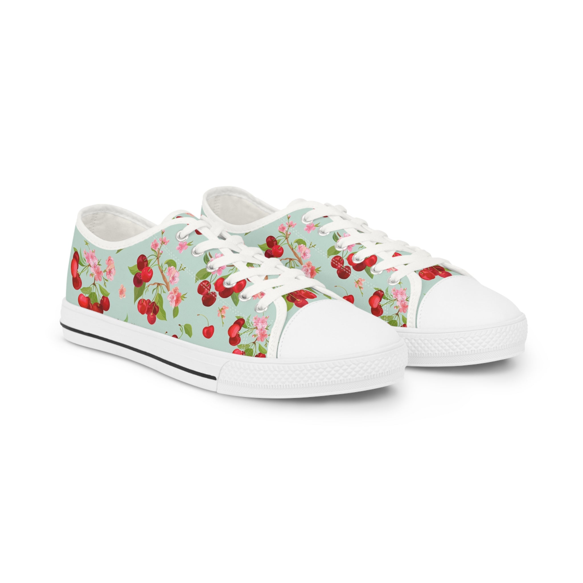 Mens Cherry Blossom Low Top Sneakers Light Green Floral And Fruit Design Yee4C