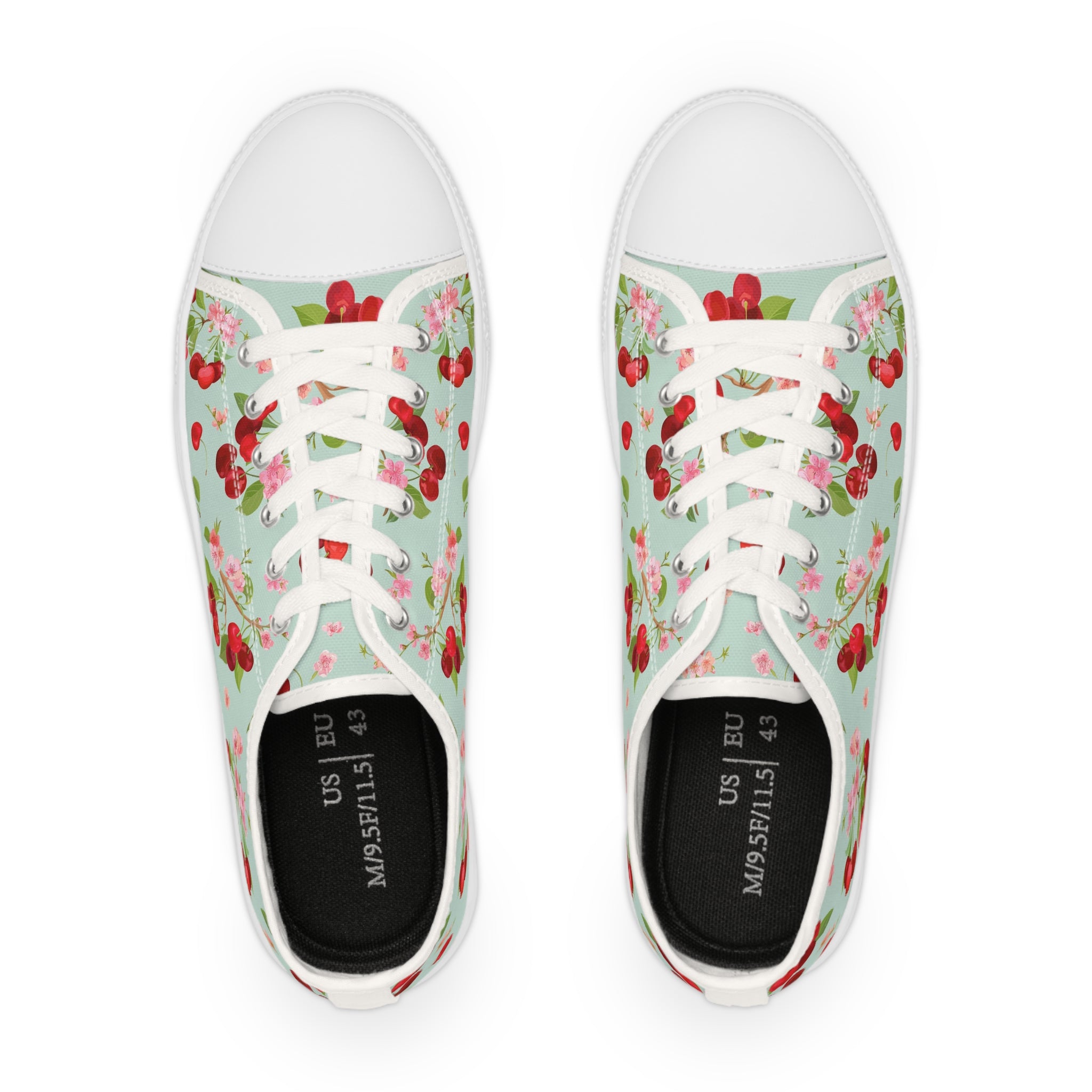 Men’s Cherry Blossom Low-Top Sneakers – Light Green Floral and Fruit Design