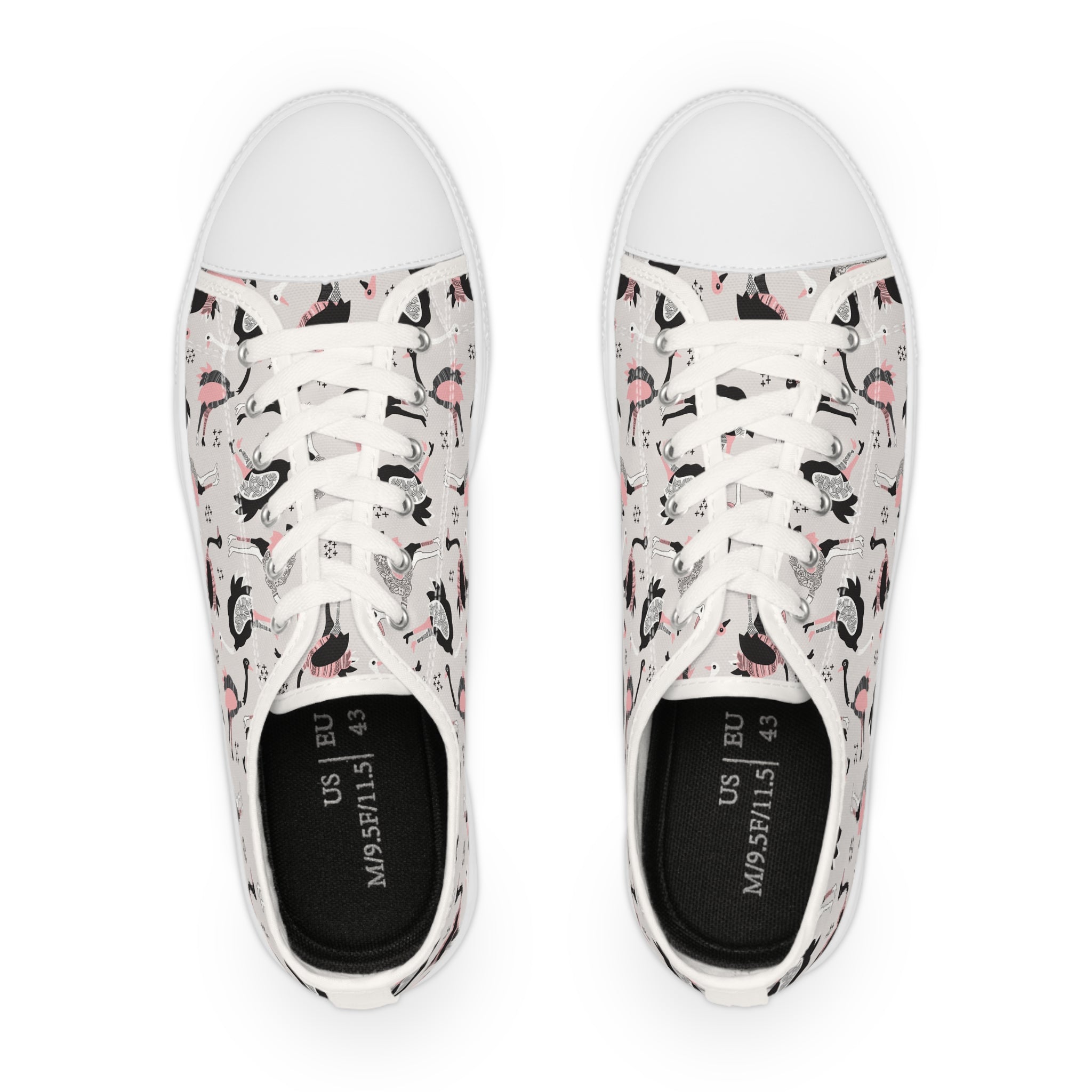 Men’s Ostrich Pattern Low-Top Sneakers – Stylish Black, Pink, and White Animal Print