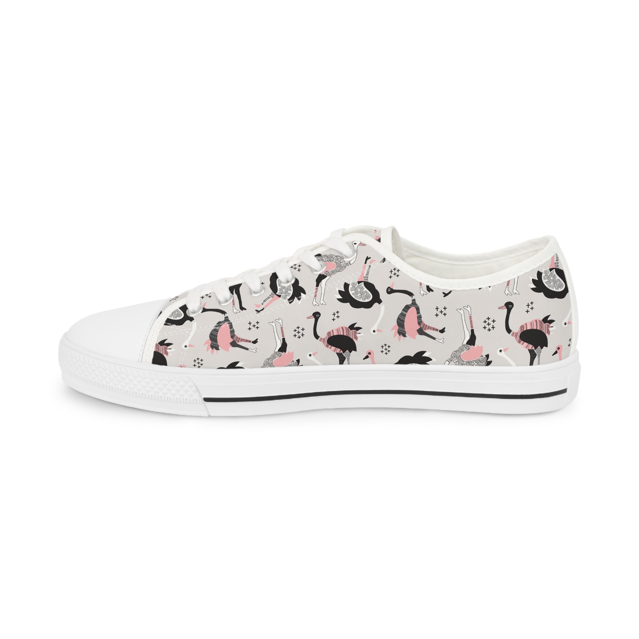 Men’s Ostrich Pattern Low-Top Sneakers – Stylish Black, Pink, and White Animal Print